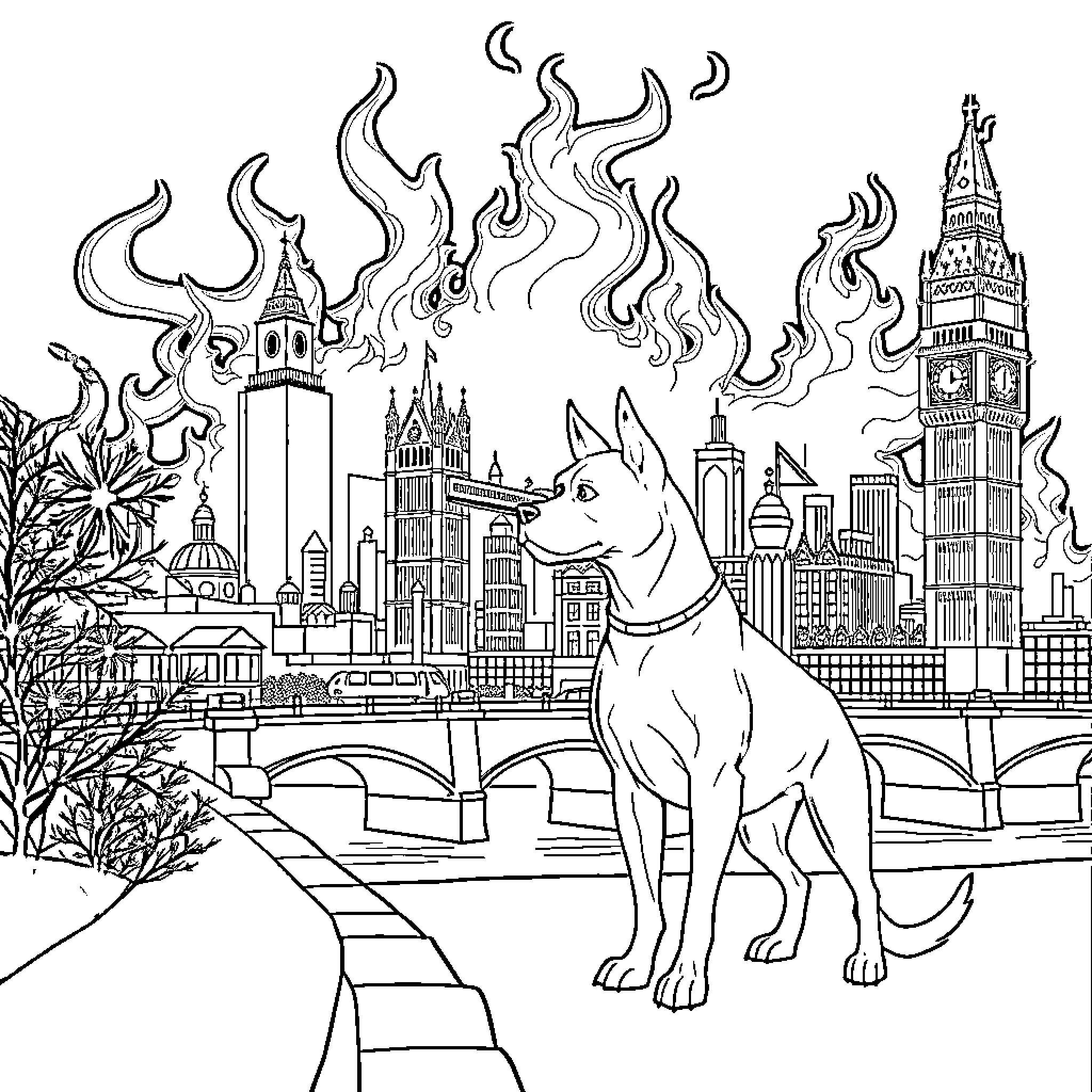 Dog in front of magical city skyline Coloring Page (free black-and-white line drawing printable PDF for all, from beginners to advanced learners, including children, teens, adults, and seniors)