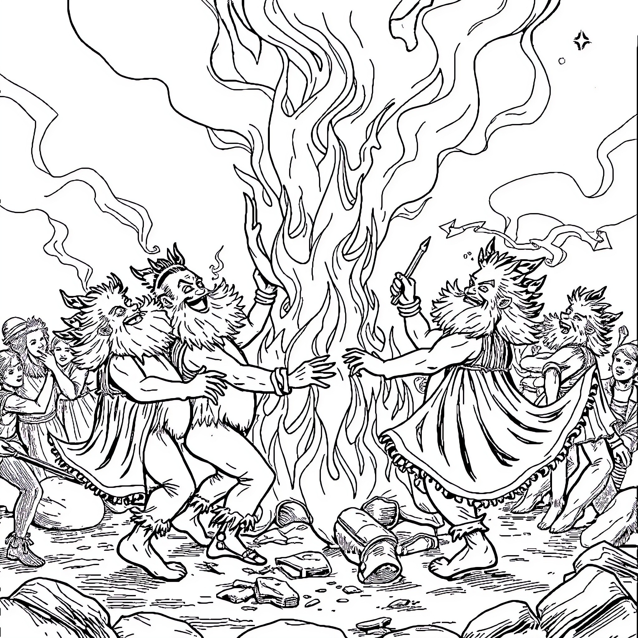 Smurfs dancing around a fiery ritual in the wilderness Coloring Page (free black-and-white line drawing printable PDF for all, from beginners to advanced learners, including children, teens, adults, and seniors)