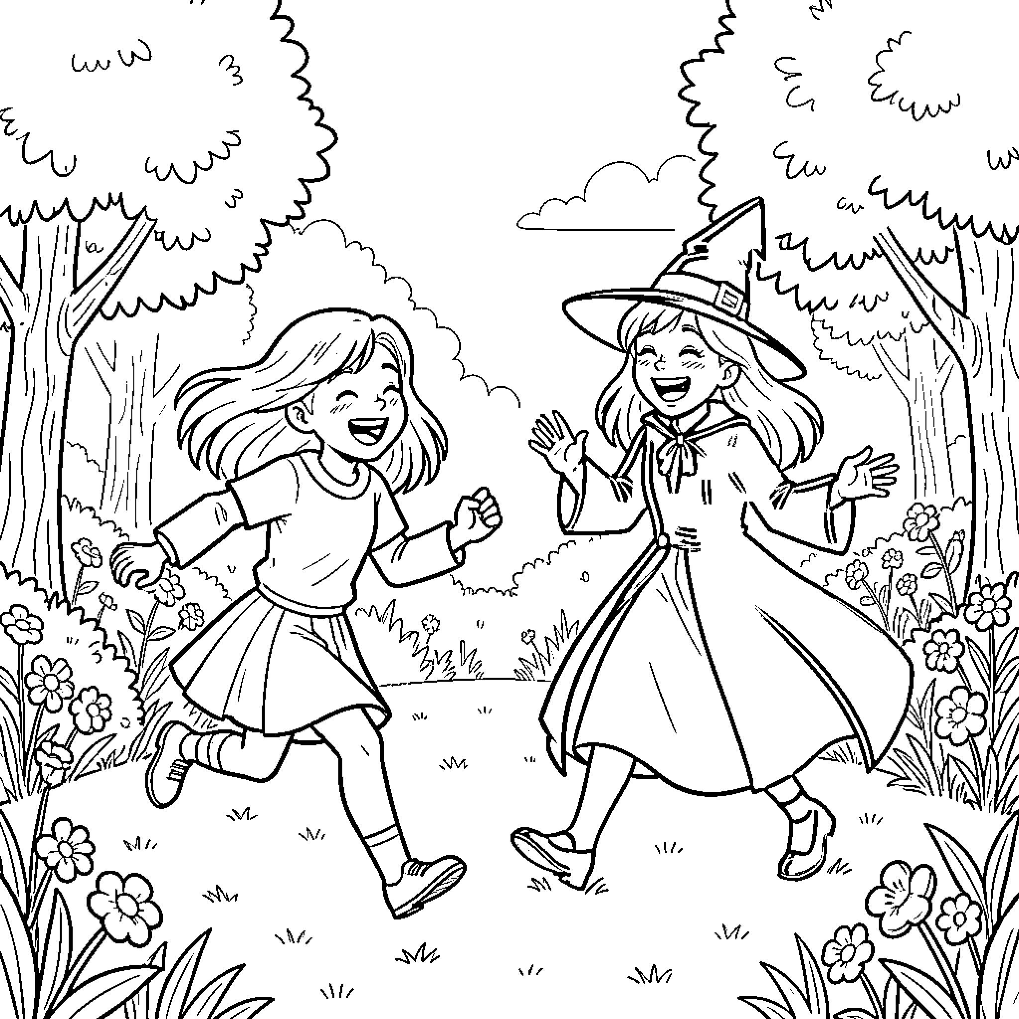 Hermione Granger and a Young Witch Playing in a Magical Forest Coloring Page (free black-and-white line drawing printable PDF for all, from beginners to advanced learners, including children, teens, adults, and seniors)