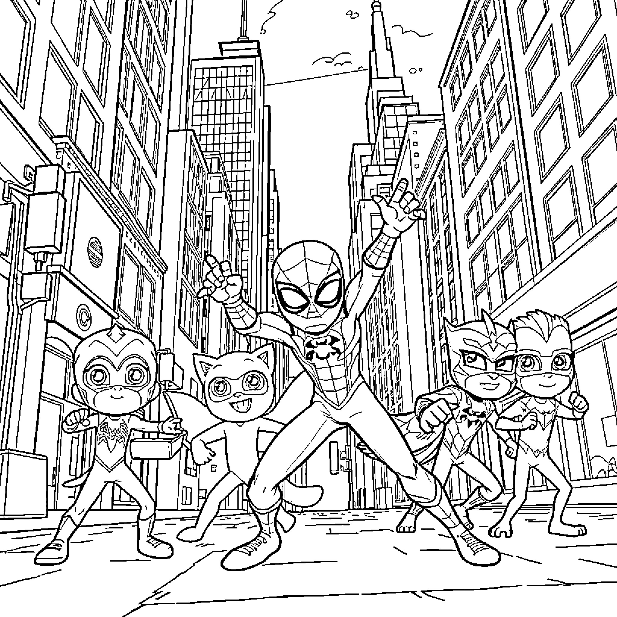 Spiderman and sidekicks adventure in the city Coloring Page (free black-and-white line drawing printable PDF for all, from beginners to advanced learners, including children, teens, adults, and seniors)