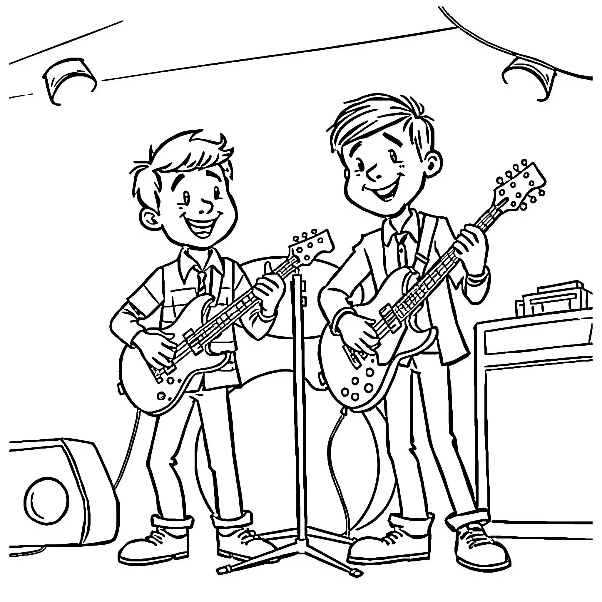 Ben and Holly performing on stage with electric guitars Coloring Page (free black-and-white line drawing printable PDF for all, from beginners to advanced learners, including children, teens, adults, and seniors)