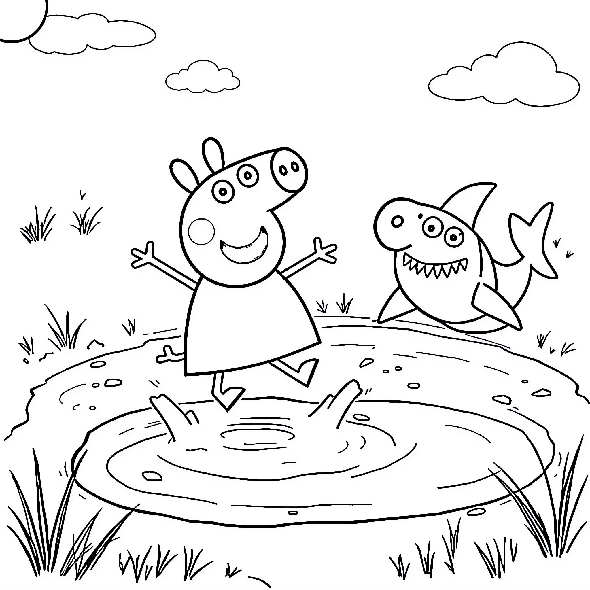 Peppa Pig having fun with shark at the pond Coloring Page (free black-and-white line drawing printable PDF for all, from beginners to advanced learners, including children, teens, adults, and seniors)