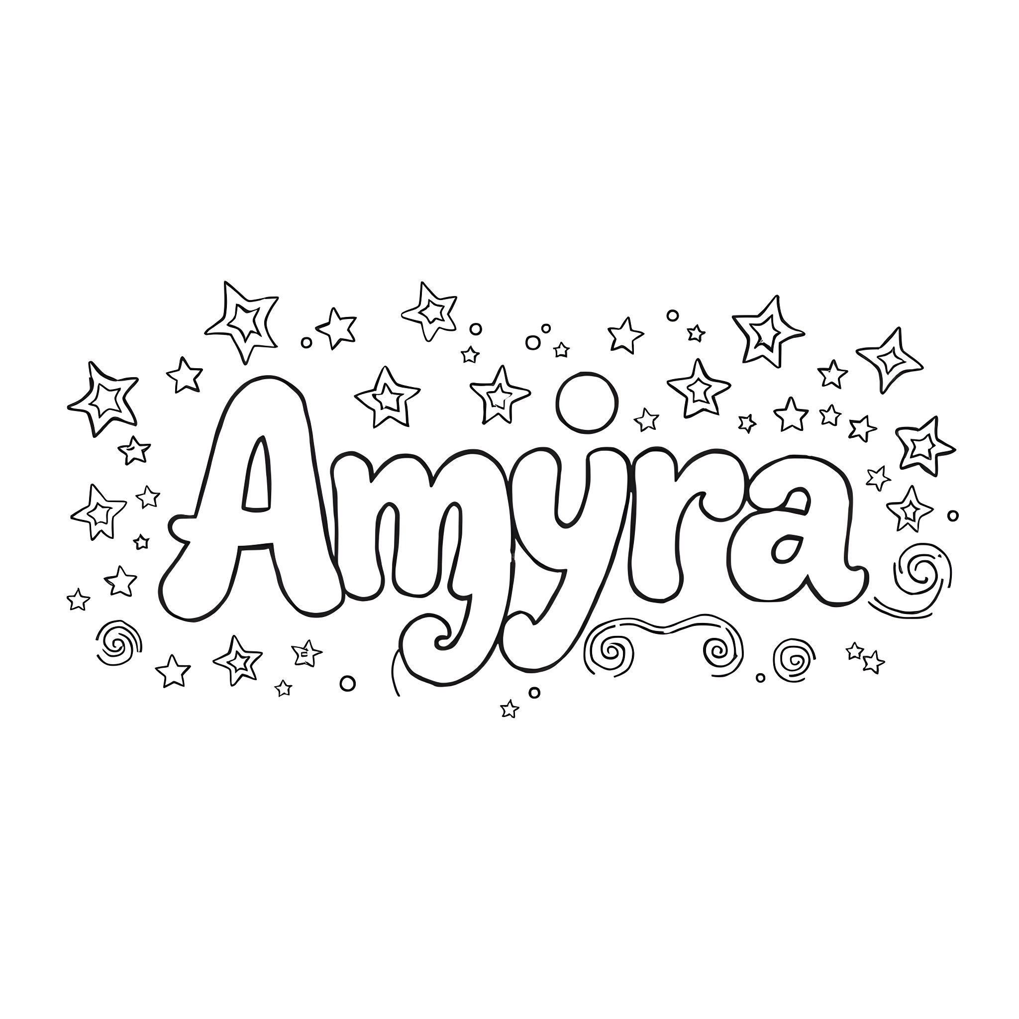 Amyra's stars and swirls Coloring Page (free black-and-white line drawing printable PDF for all, from beginners to advanced learners, including children, teens, adults, and seniors)