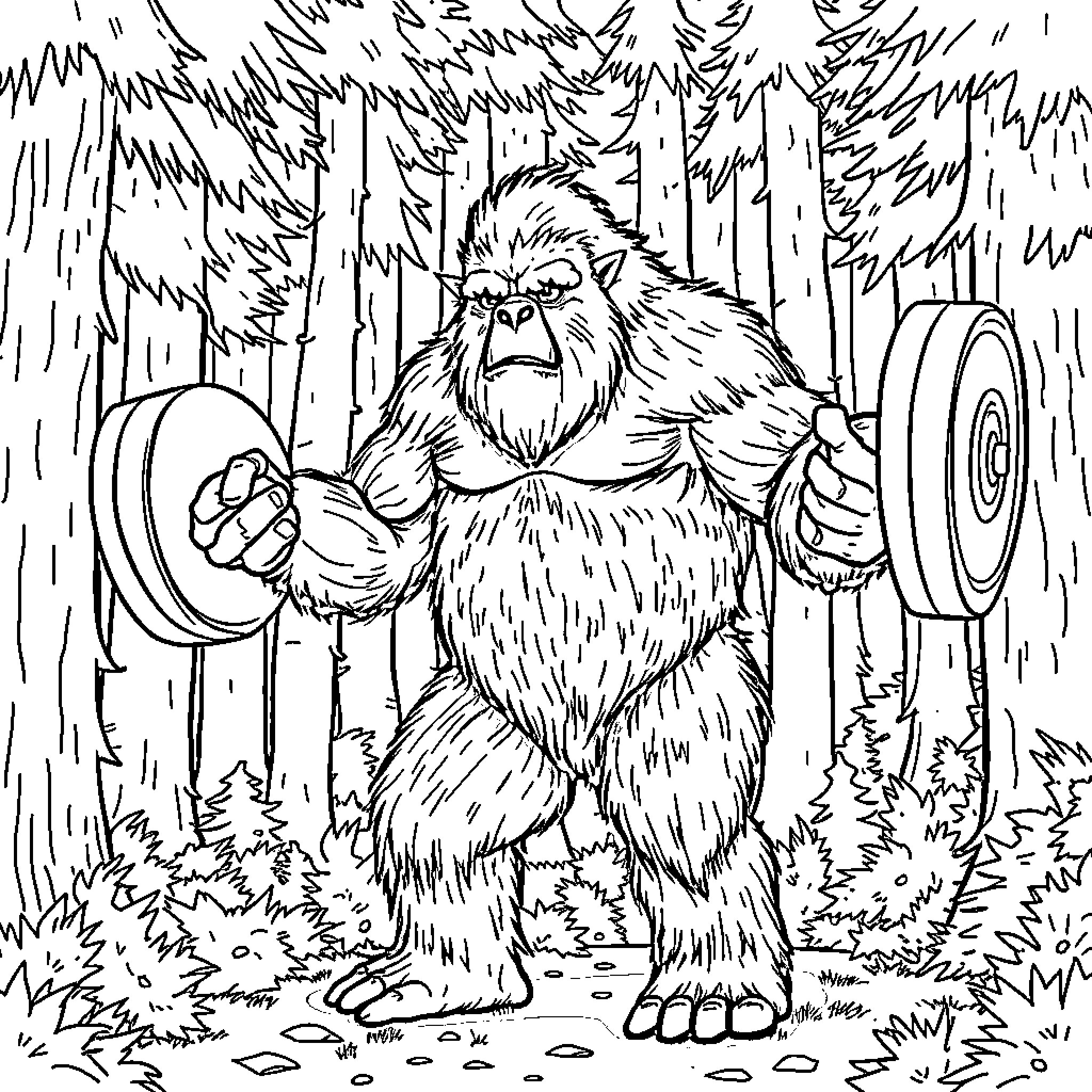Sasquatch lifting heavy weights in a forest Coloring Page (free black-and-white line drawing printable PDF for all, from beginners to advanced learners, including children, teens, adults, and seniors)