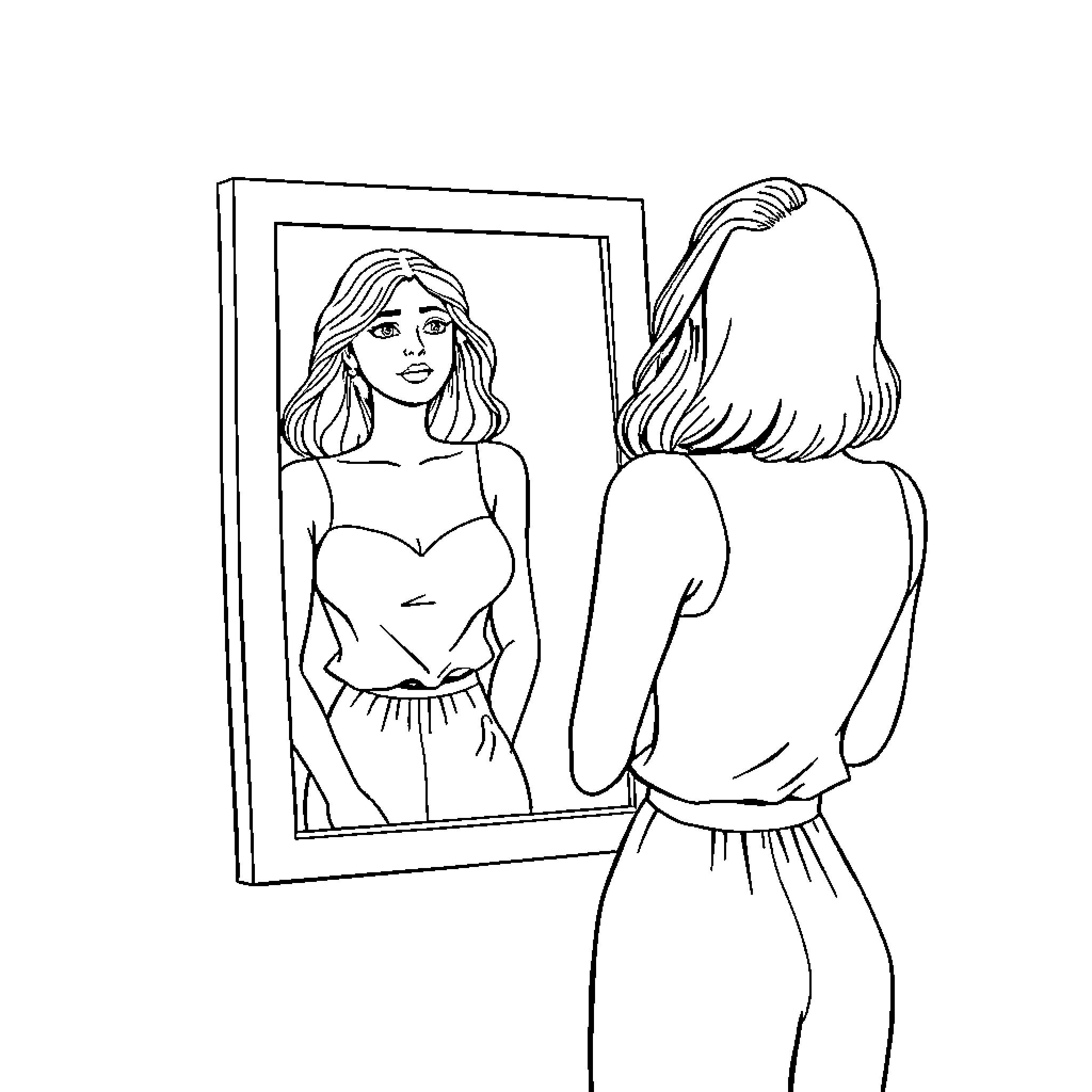 Woman examining herself in the mirror Coloring Page (free black-and-white line drawing printable PDF for all, from beginners to advanced learners, including children, teens, adults, and seniors)