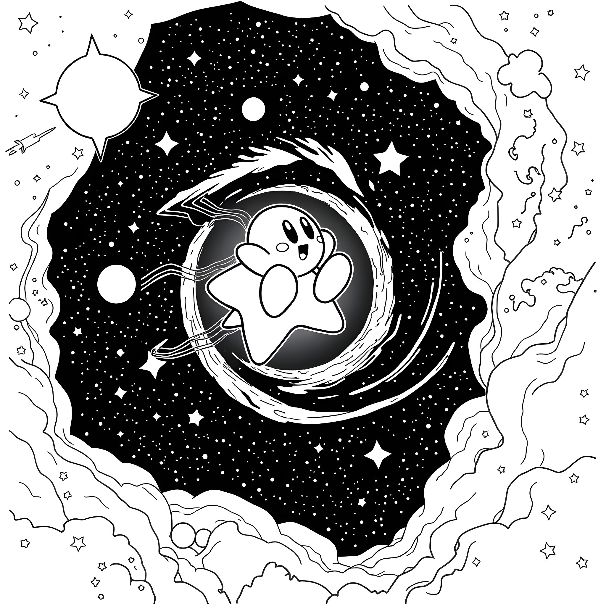 Kirby floating in cosmic space Coloring Page (free black-and-white line drawing printable PDF for all, from beginners to advanced learners, including children, teens, adults, and seniors)