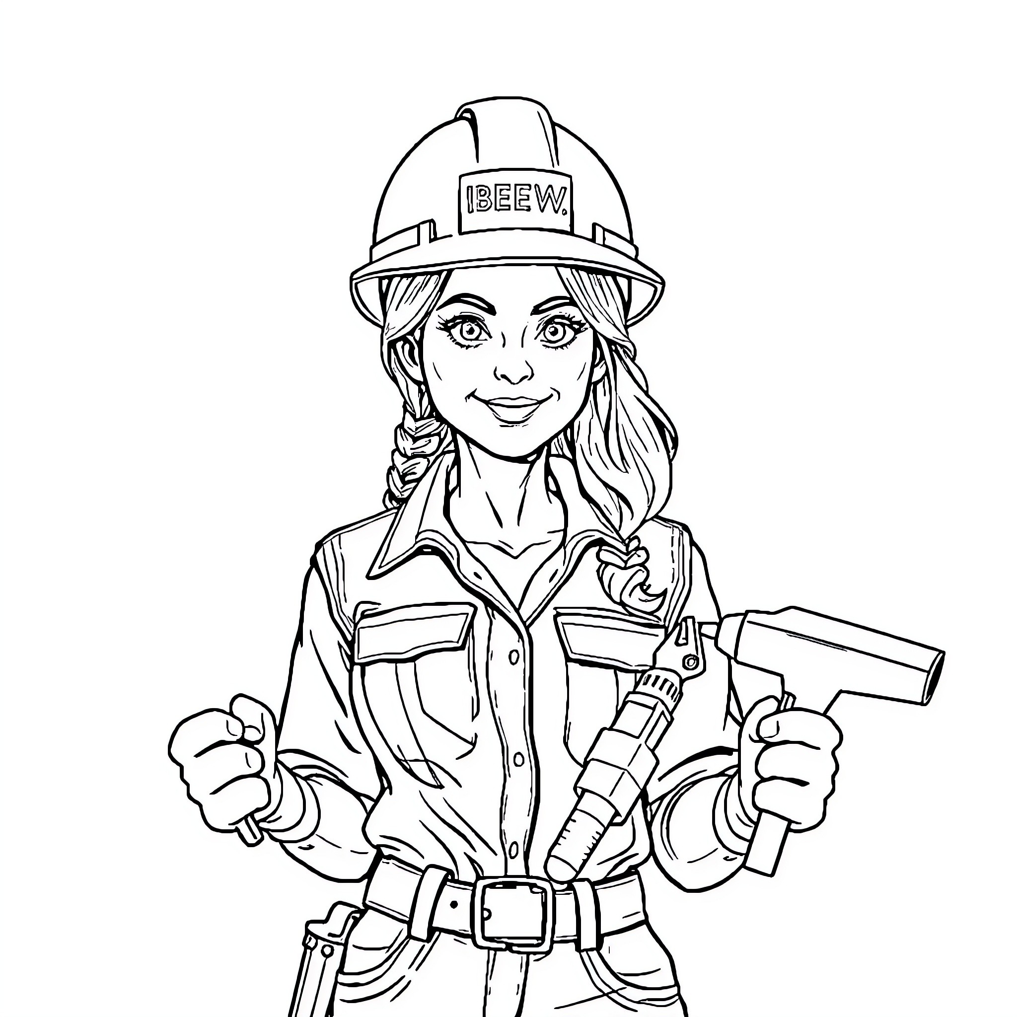 Electrician with safety gear and tools Coloring Page (free black-and-white line drawing printable PDF for all, from beginners to advanced learners, including children, teens, adults, and seniors)