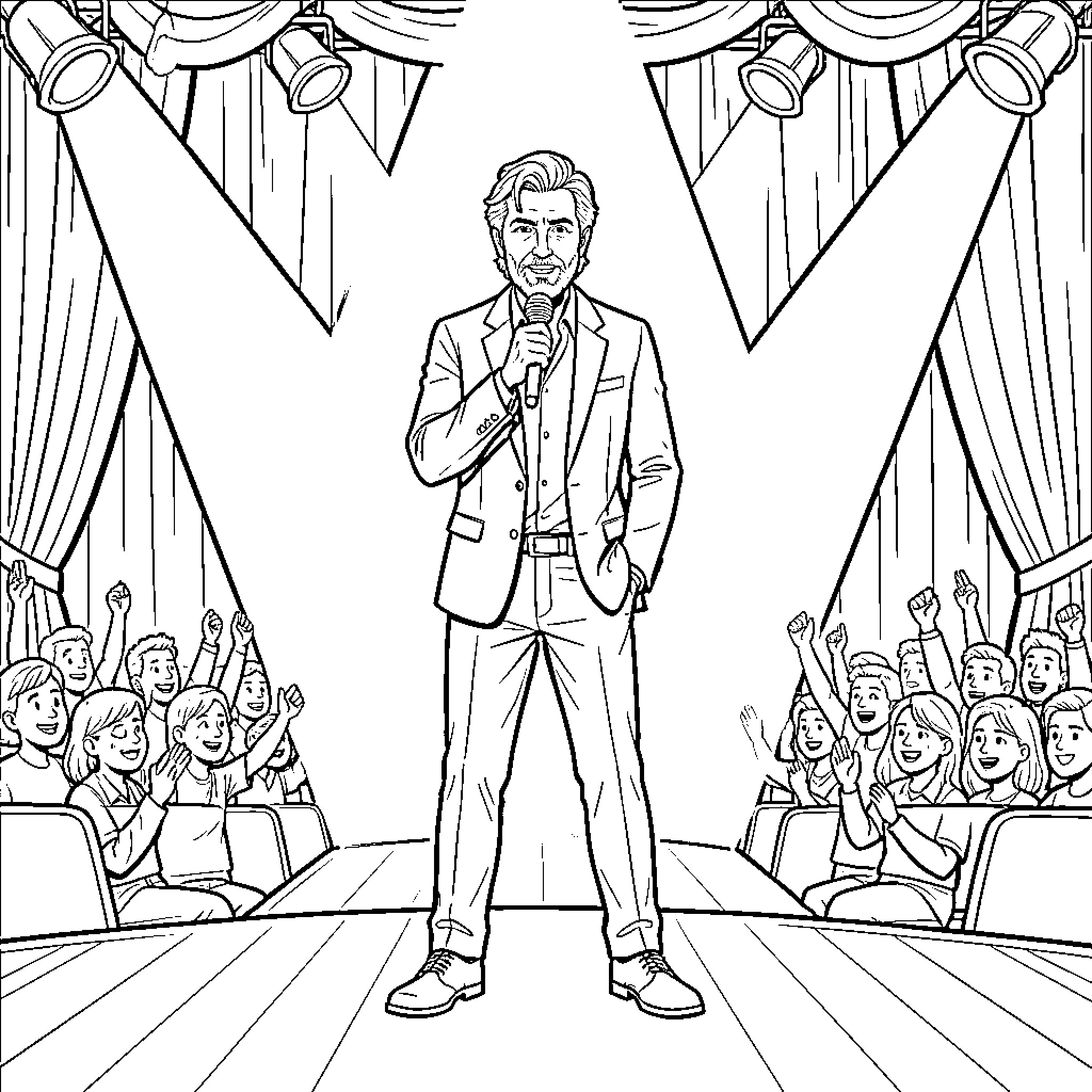 Miguel Mora Performs on Stage to Cheering Audience Coloring Page (free black-and-white line drawing printable PDF for all, from beginners to advanced learners, including children, teens, adults, and seniors)