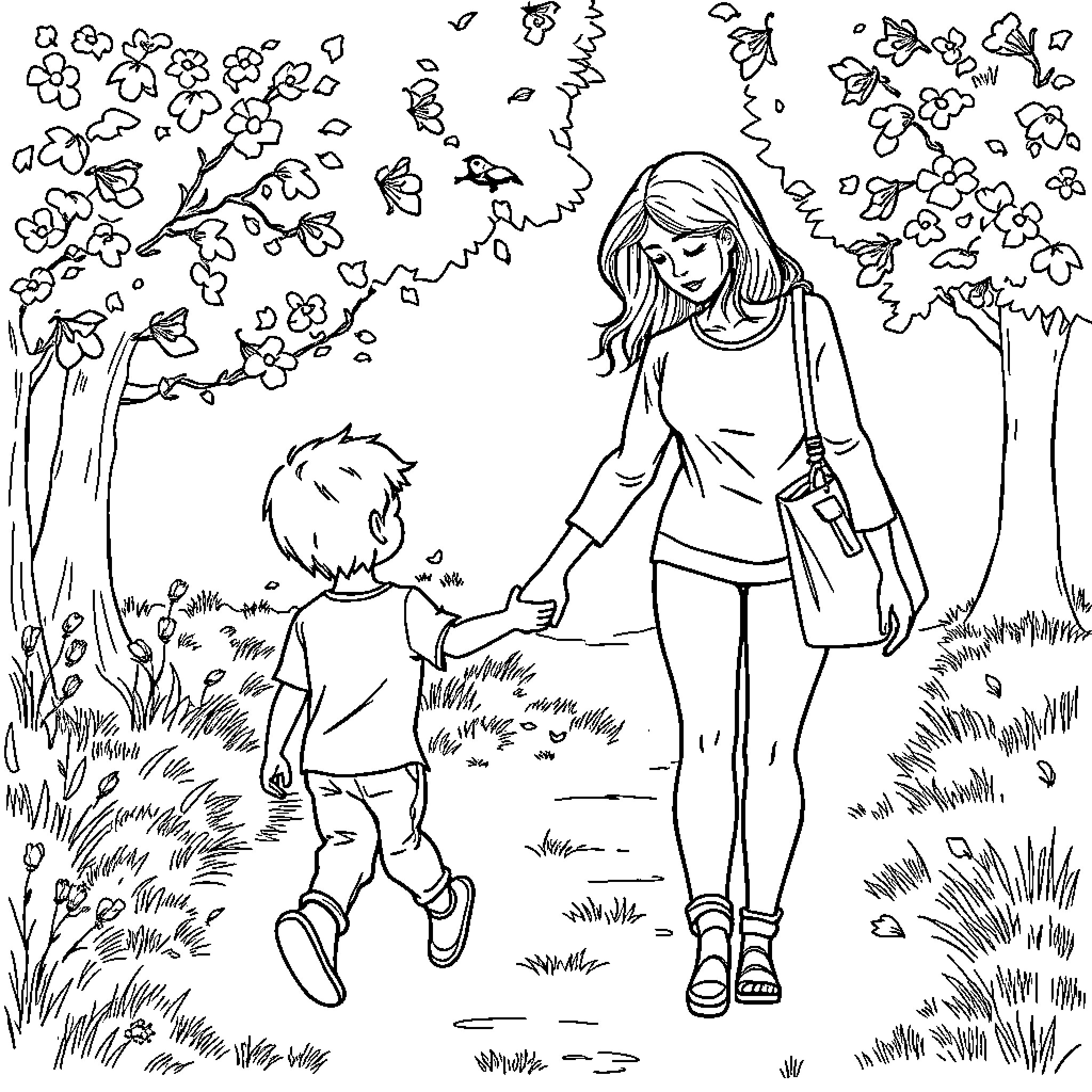 Mother and child walking together in nature Coloring Page (free black-and-white line drawing printable PDF for all, from beginners to advanced learners, including children, teens, adults, and seniors)