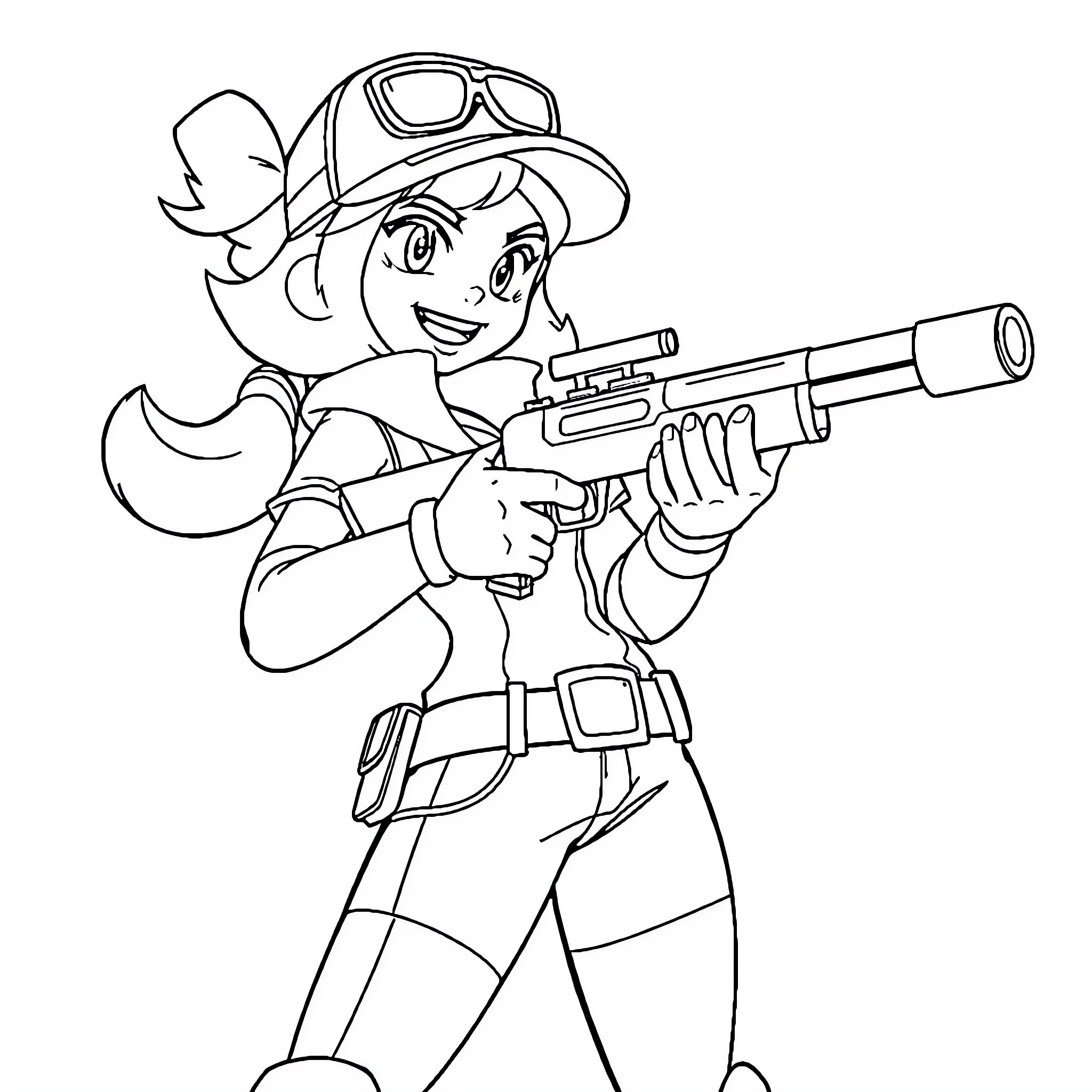 Shelly the Adventurous Cowgirl with Rifle Coloring Page (free black-and-white line drawing printable PDF for all, from beginners to advanced learners, including children, teens, adults, and seniors)