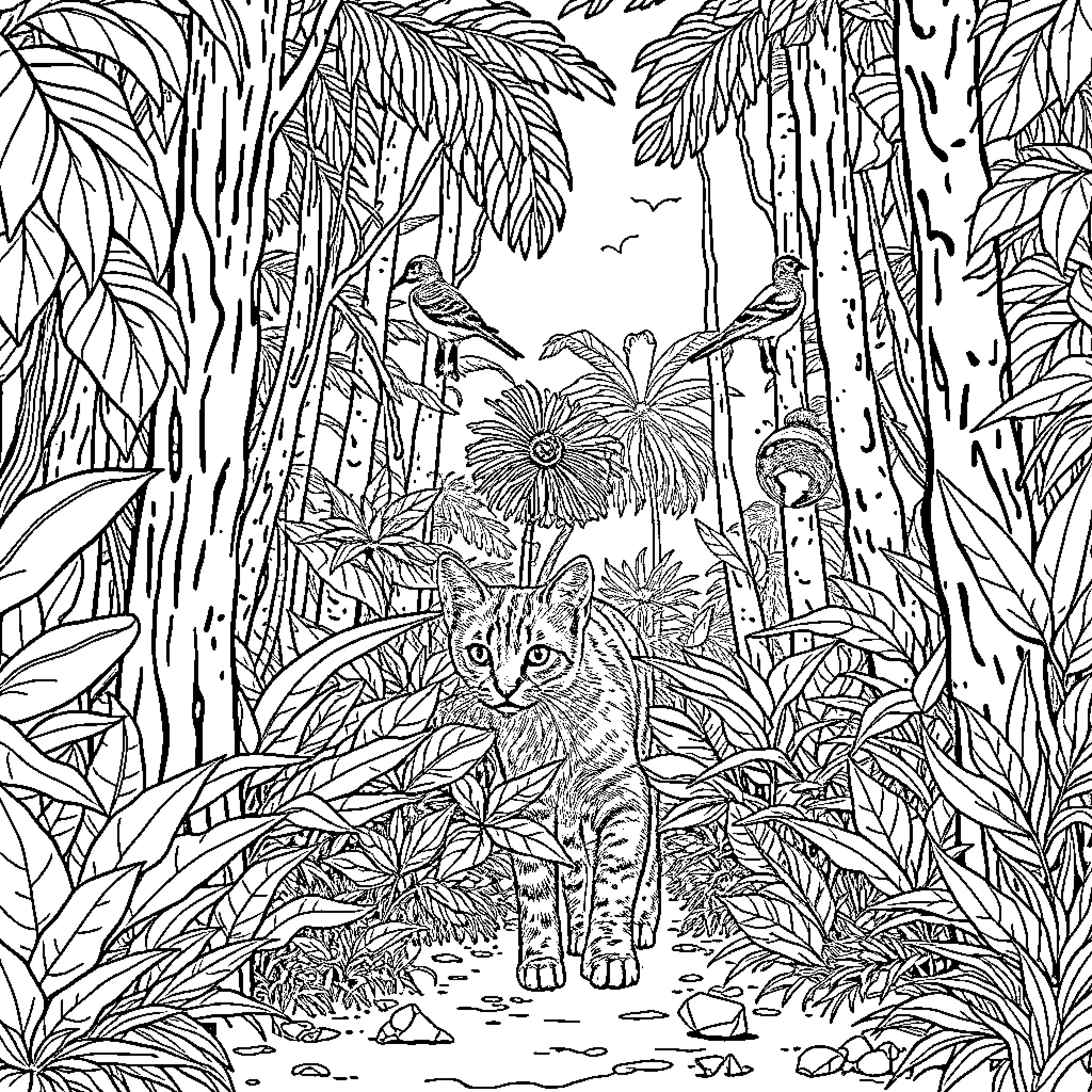 Cat in the Jungle Wilderness Coloring Page (free black-and-white line drawing printable PDF for all, from beginners to advanced learners, including children, teens, adults, and seniors)