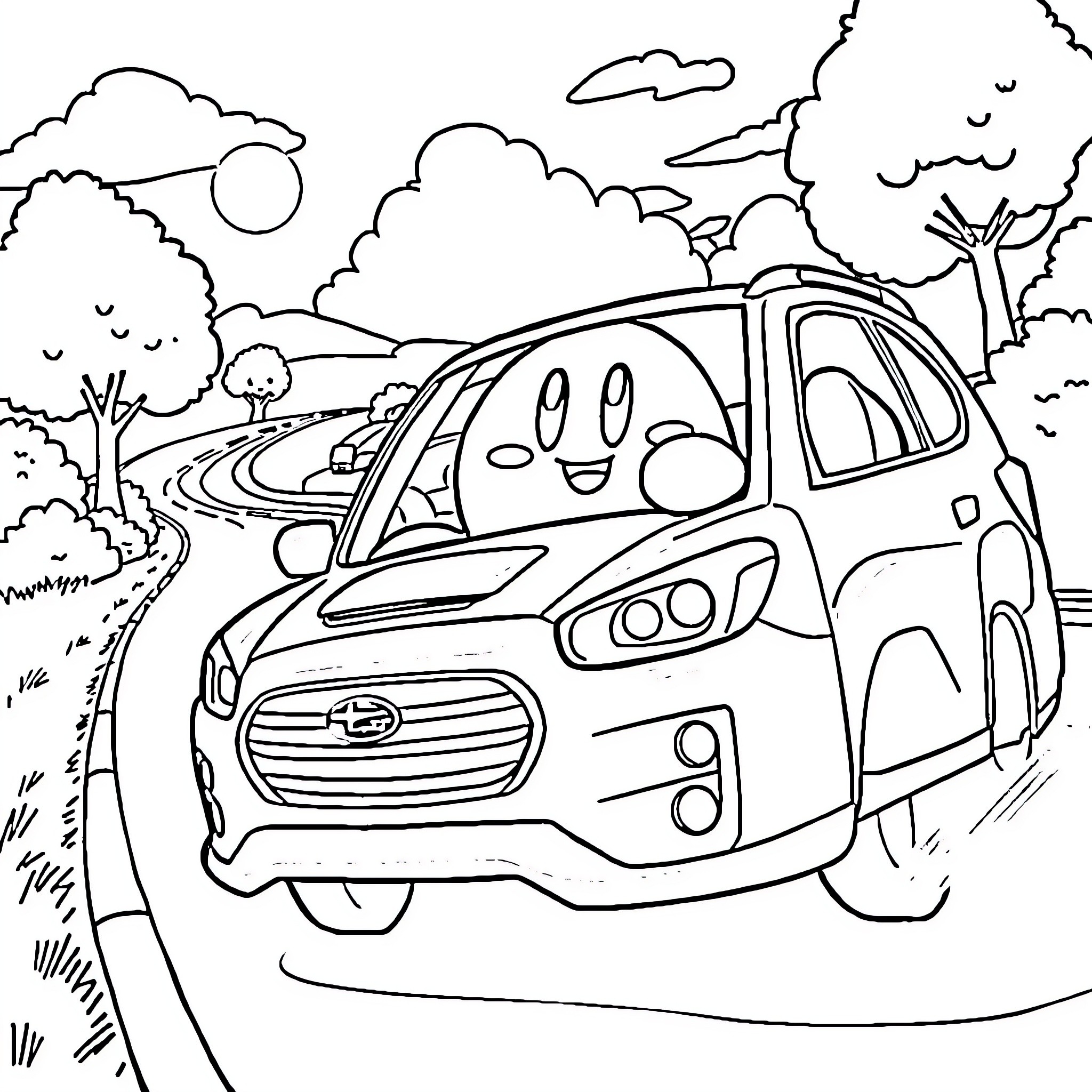 Kirby's joyful ride through the countryside Coloring Page (free black-and-white line drawing printable PDF for all, from beginners to advanced learners, including children, teens, adults, and seniors)