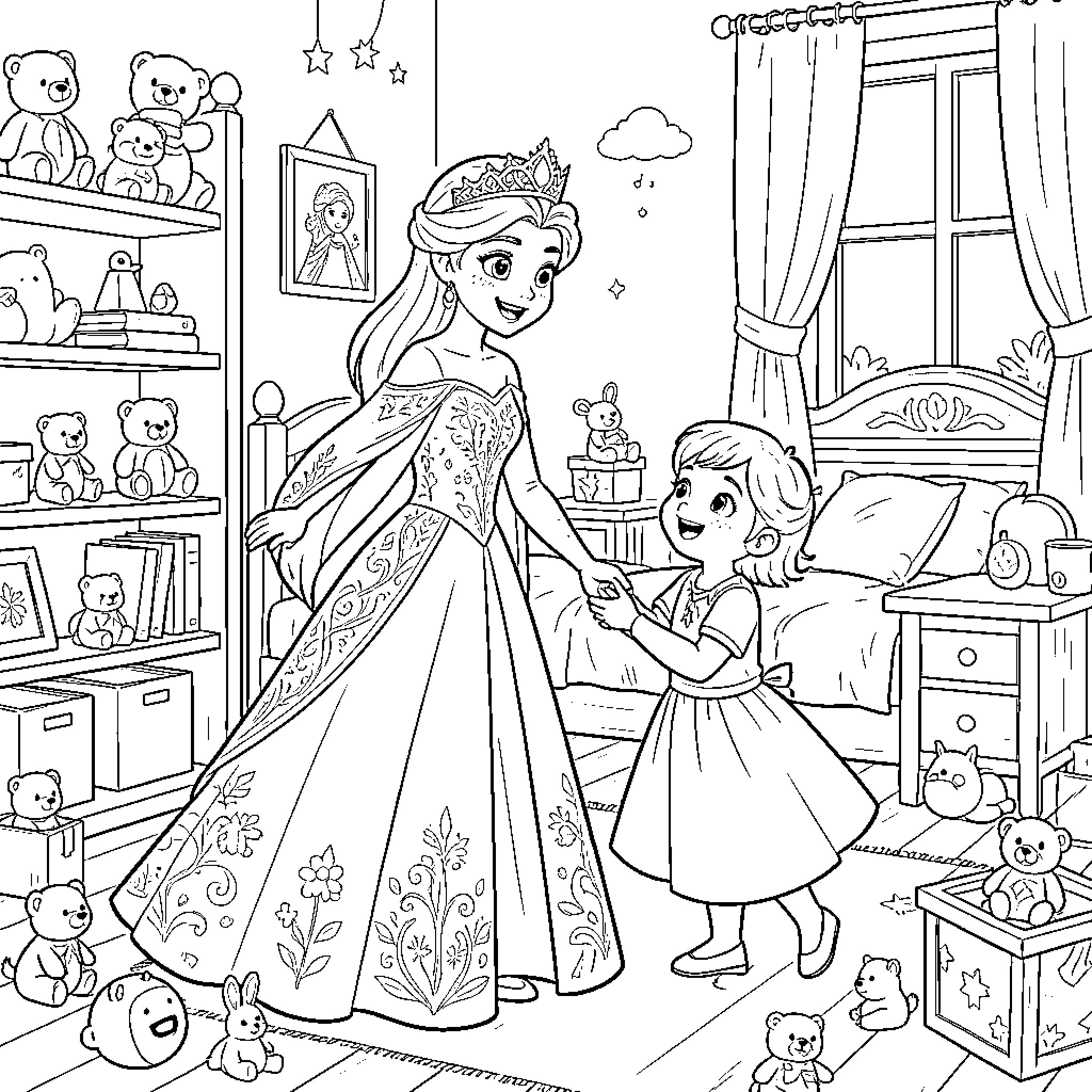 Elsa's Cozy Room with Little Girl Coloring Page (free black-and-white line drawing printable PDF for all, from beginners to advanced learners, including children, teens, adults, and seniors)