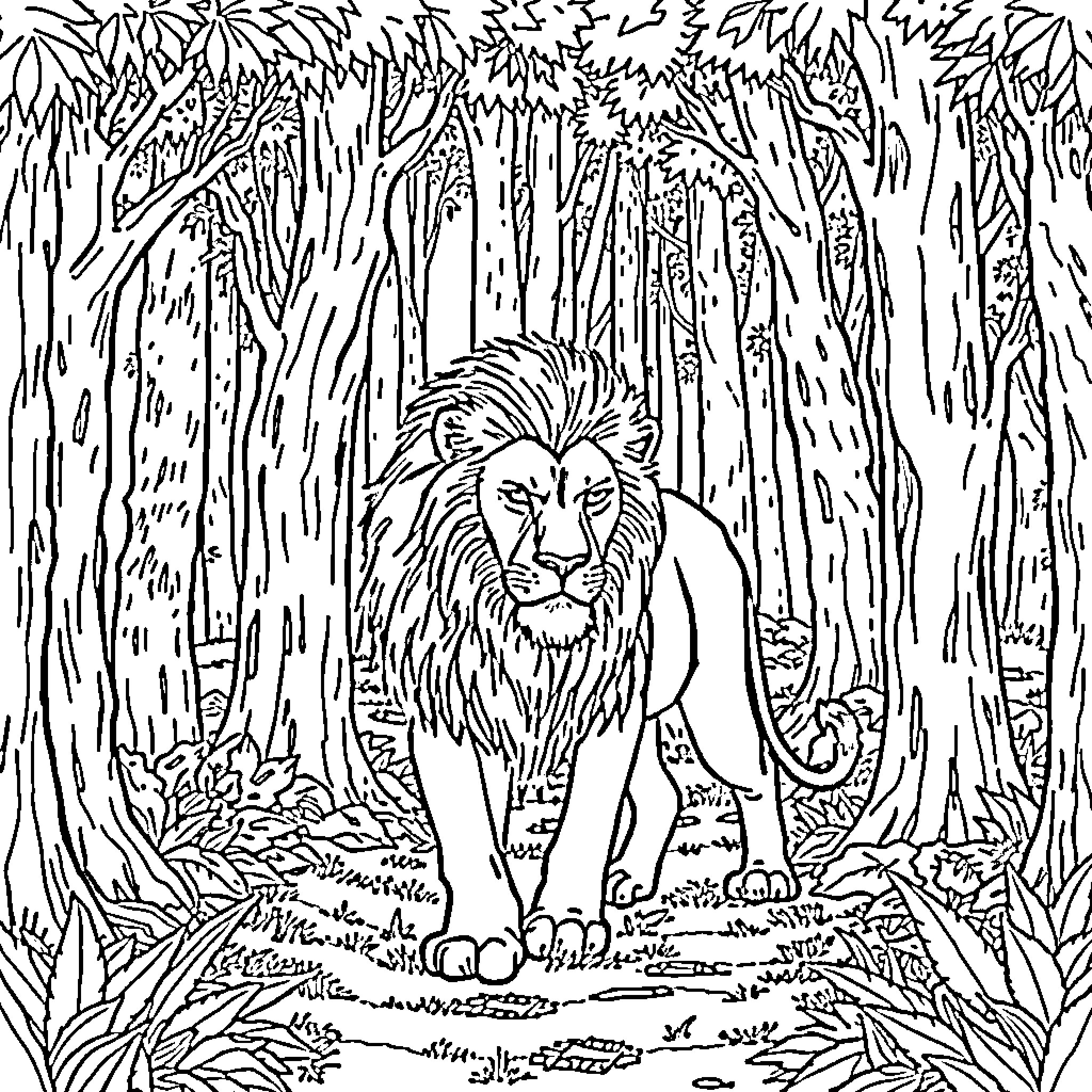 Lion prowling in the dense jungle Coloring Page (free black-and-white line drawing printable PDF for all, from beginners to advanced learners, including children, teens, adults, and seniors)