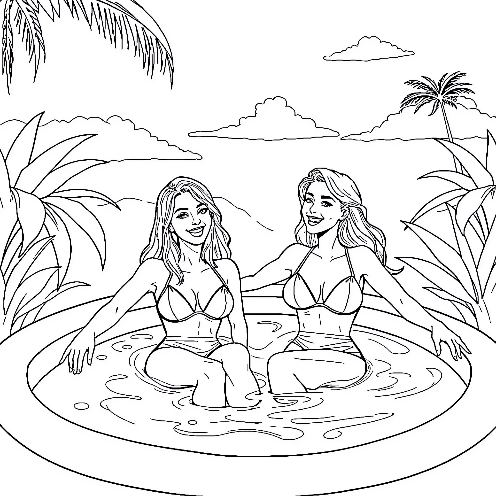 Girls relaxing in tropical beach pool Coloring Page (free black-and-white line drawing printable PDF for all, from beginners to advanced learners, including children, teens, adults, and seniors)