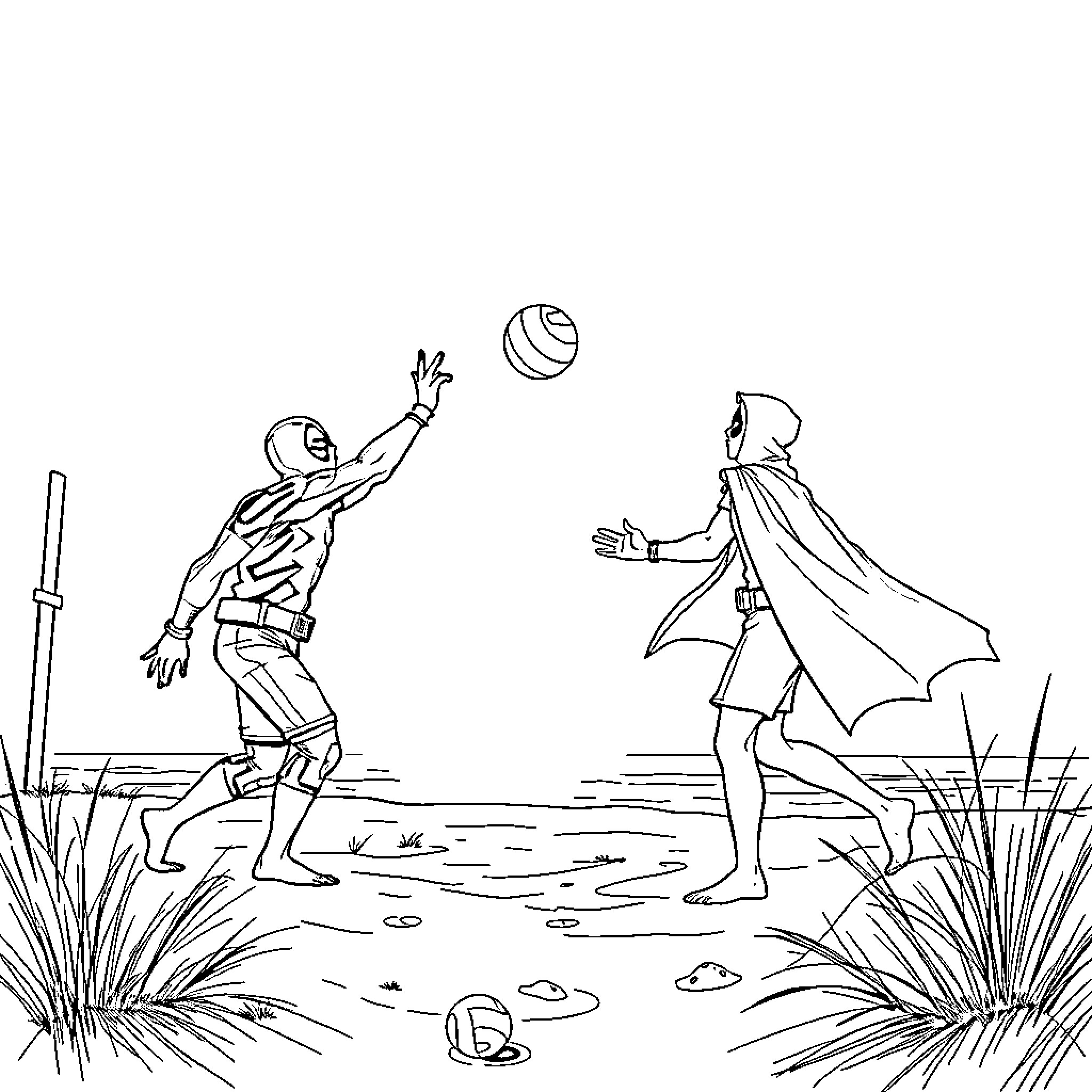 DC Characters playing volleyball in the park Coloring Page (free black-and-white line drawing printable PDF for all, from beginners to advanced learners, including children, teens, adults, and seniors)