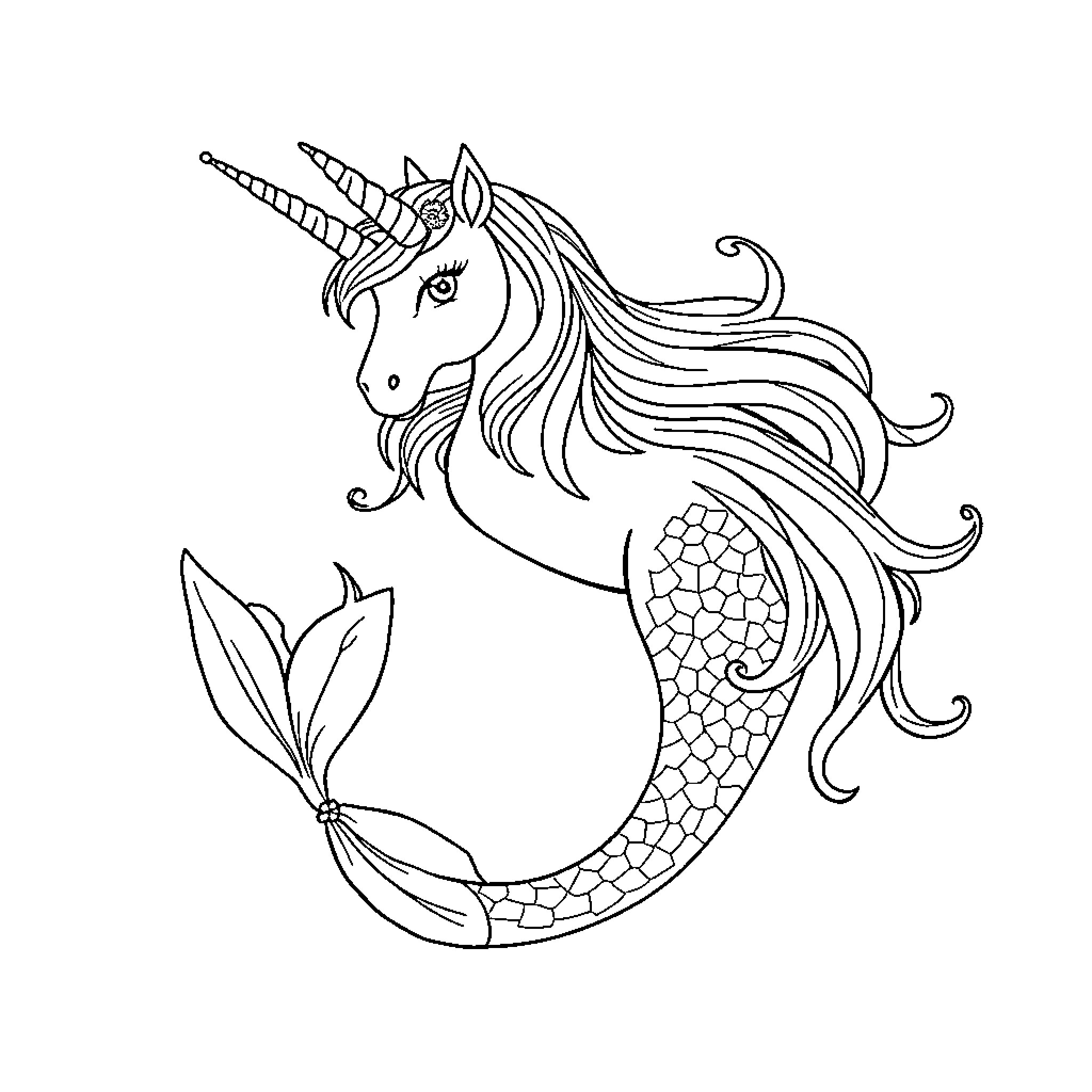 Unicorn mermaid with flowing mane and tail Coloring Page (free black-and-white line drawing printable PDF for all, from beginners to advanced learners, including children, teens, adults, and seniors)
