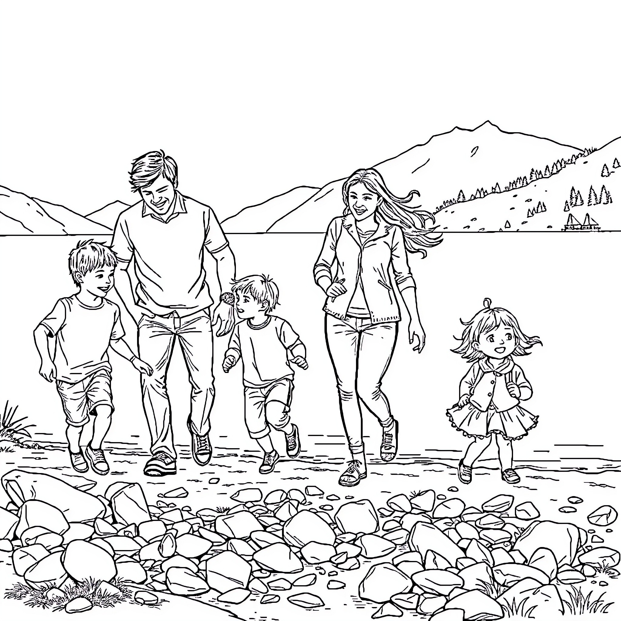 Family Enjoying Outdoor Adventure in Scenic Nature Coloring Page (free black-and-white line drawing printable PDF for all, from beginners to advanced learners, including children, teens, adults, and seniors)