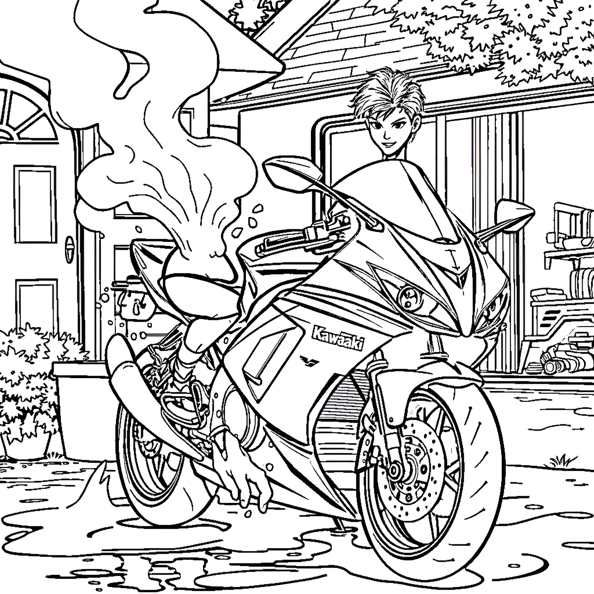 Steven R. McQueen riding a sleek motorcycle on a rainy day Coloring Page (free black-and-white line drawing printable PDF for all, from beginners to advanced learners, including children, teens, adults, and seniors)