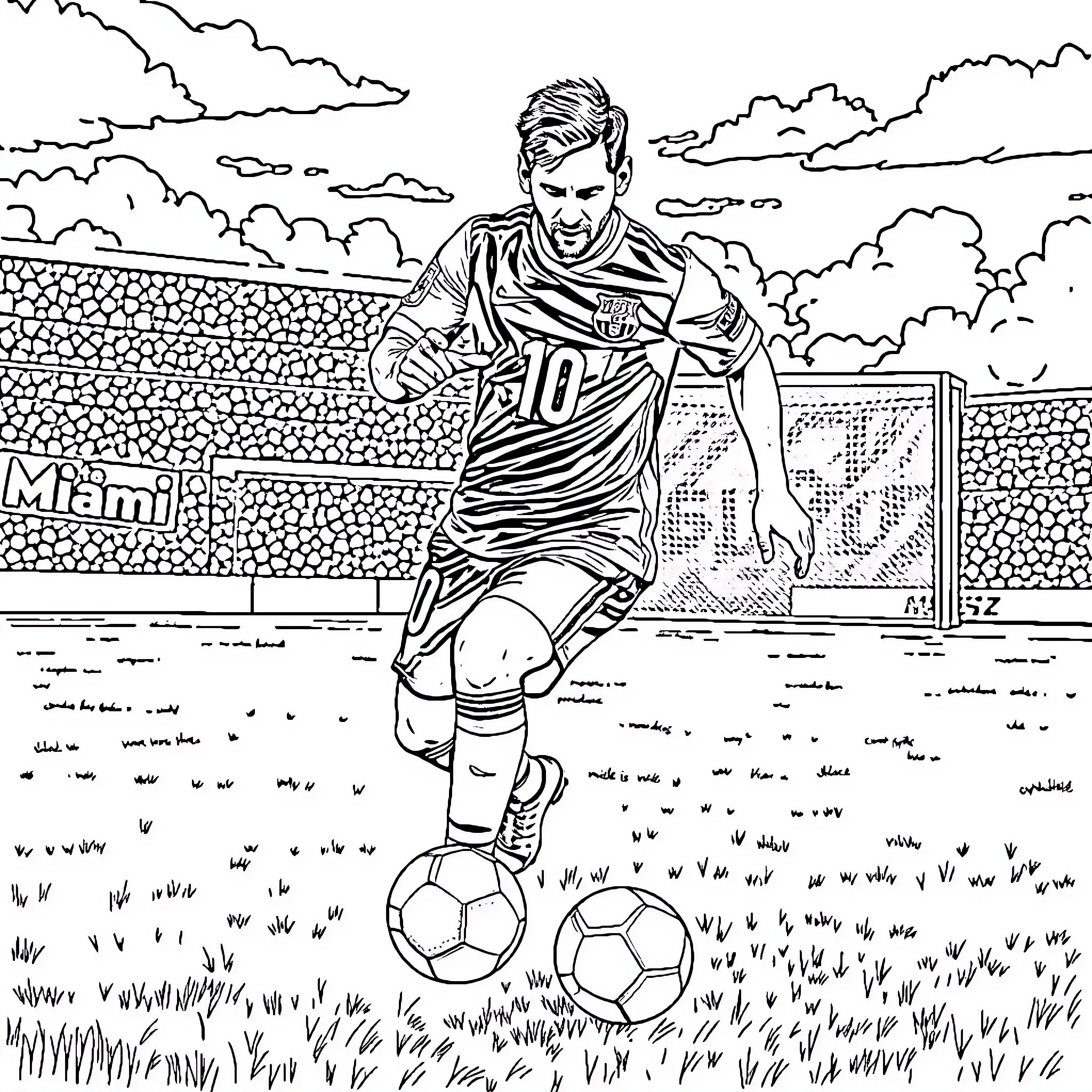 Footballer in action on the field Coloring Page (free black-and-white line drawing printable PDF for all, from beginners to advanced learners, including children, teens, adults, and seniors)