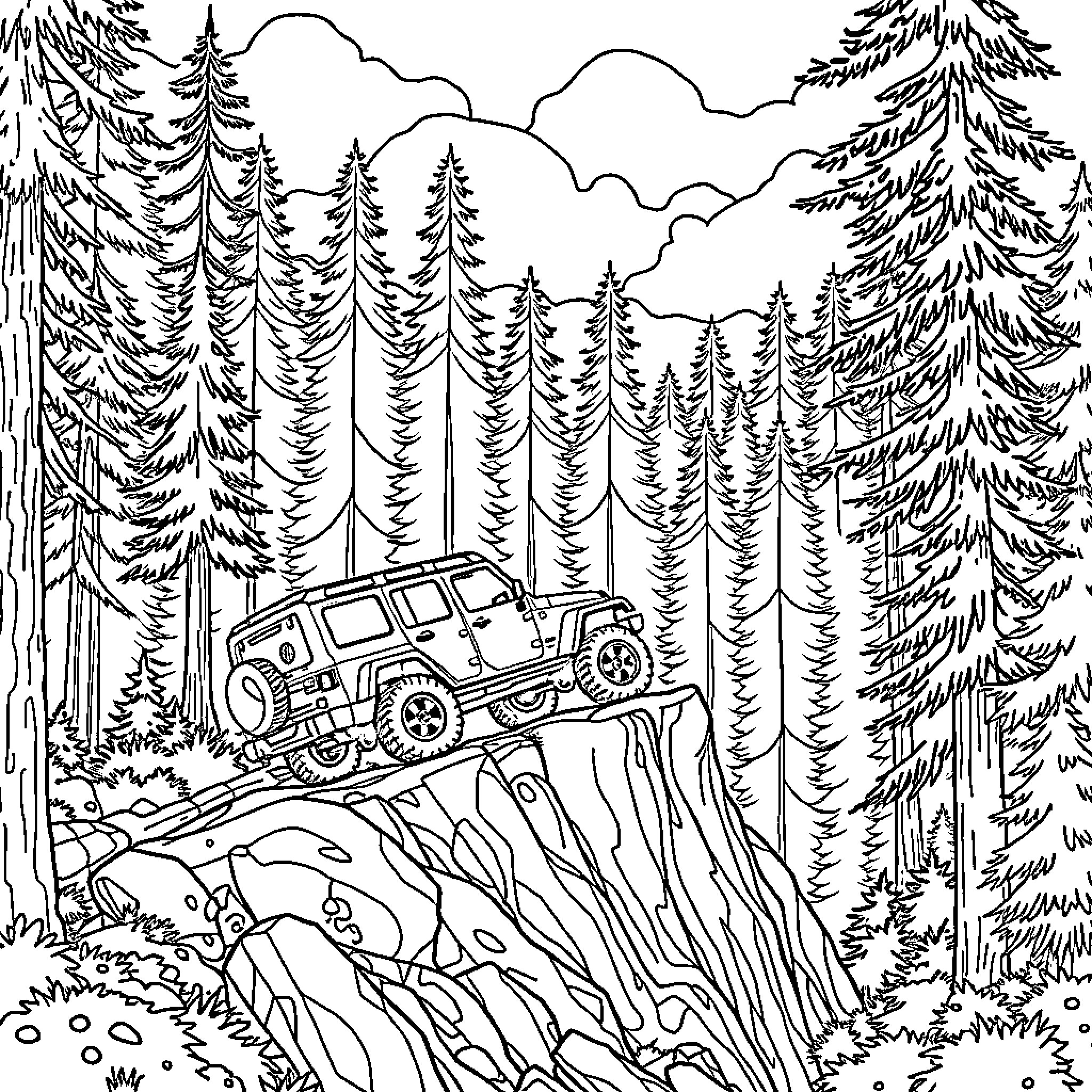 Car driving through rugged mountain terrain Coloring Page (free black-and-white line drawing printable PDF for all, from beginners to advanced learners, including children, teens, adults, and seniors)