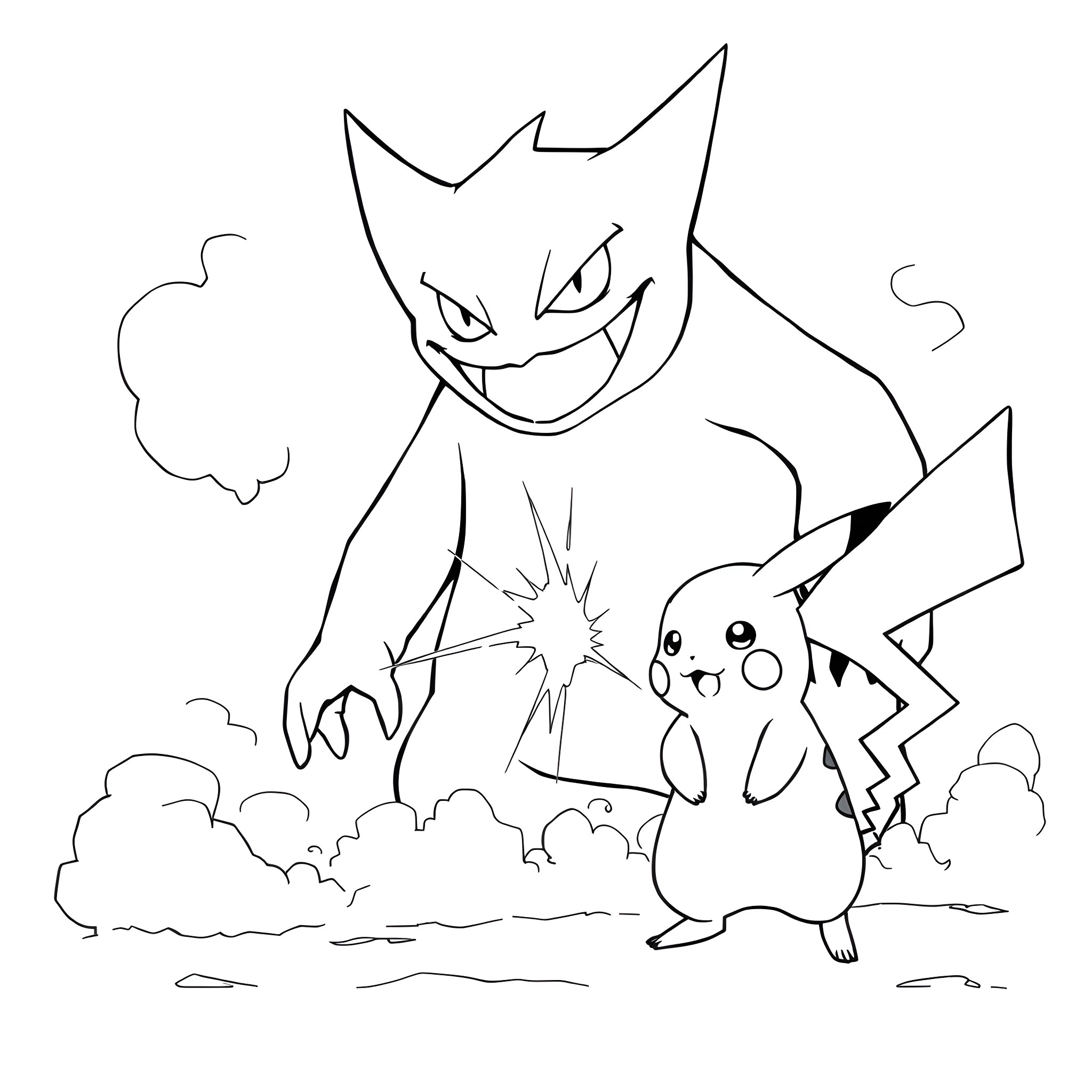 Gengar towering over cheerful Pikachu Coloring Page (free black-and-white line drawing printable PDF for all, from beginners to advanced learners, including children, teens, adults, and seniors)