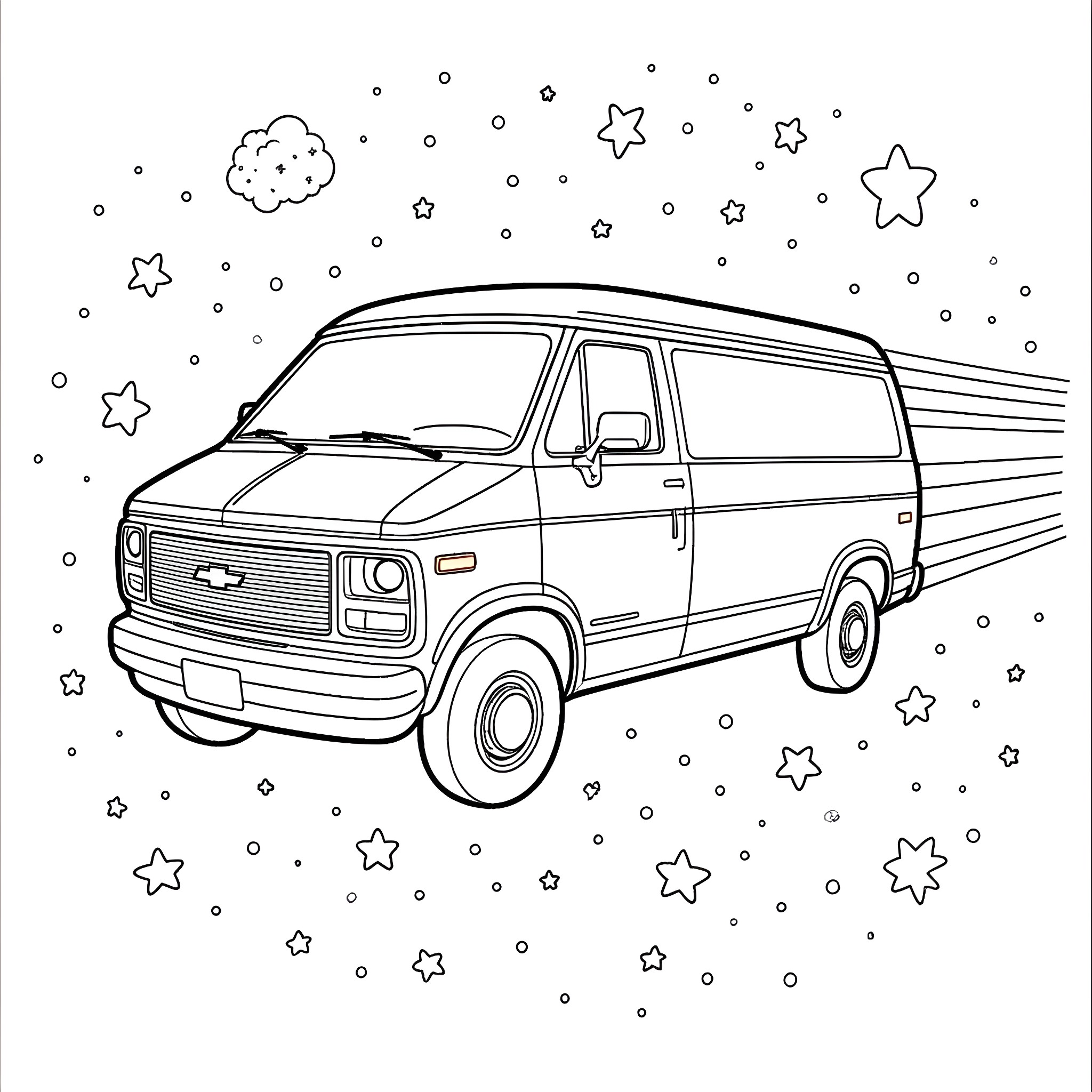 Chevrolet Astro Van under starry night sky Coloring Page (free black-and-white line drawing printable PDF for all, from beginners to advanced learners, including children, teens, adults, and seniors)