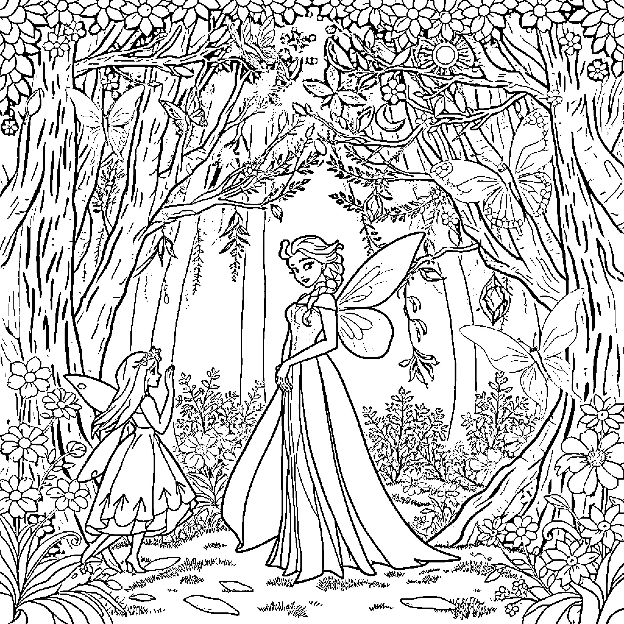 Elsa's Enchanted Forest Adventure Coloring Page (free black-and-white line drawing printable PDF for all, from beginners to advanced learners, including children, teens, adults, and seniors)