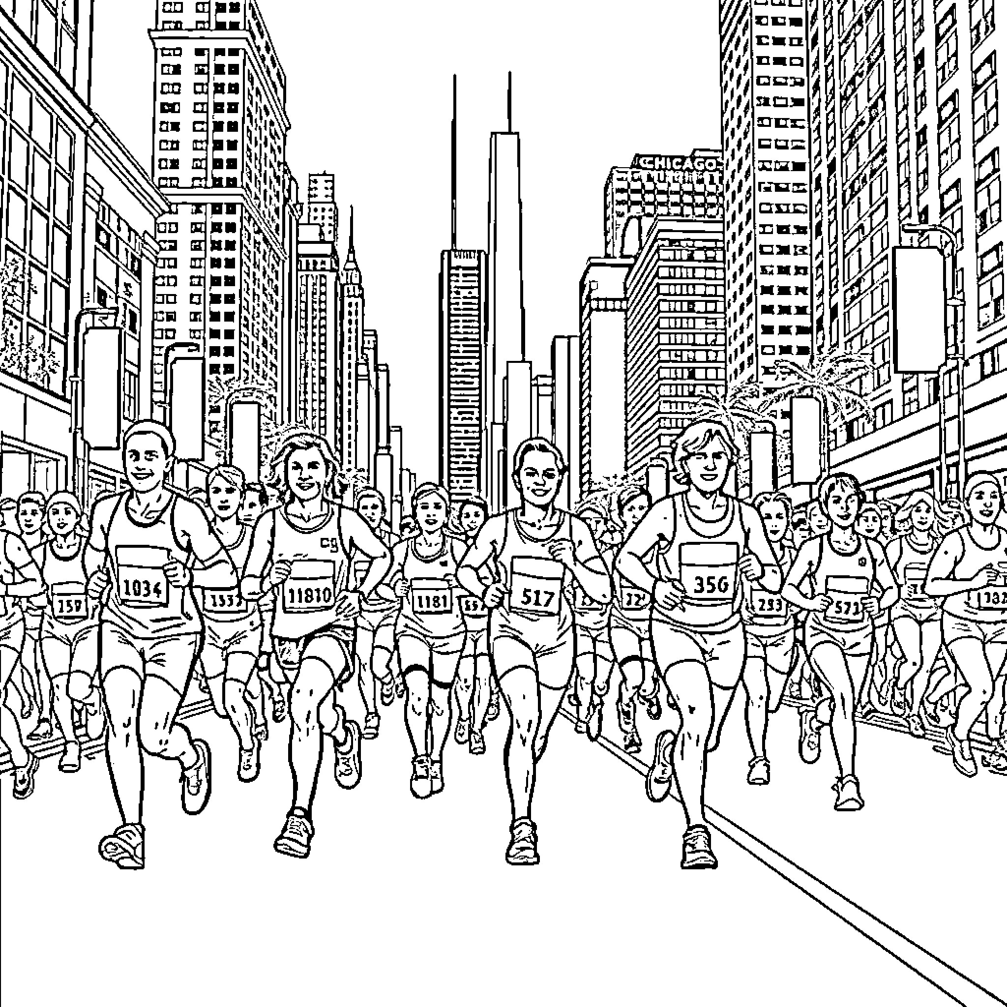 Runner group racing through city skyline Coloring Page (free black-and-white line drawing printable PDF for all, from beginners to advanced learners, including children, teens, adults, and seniors)