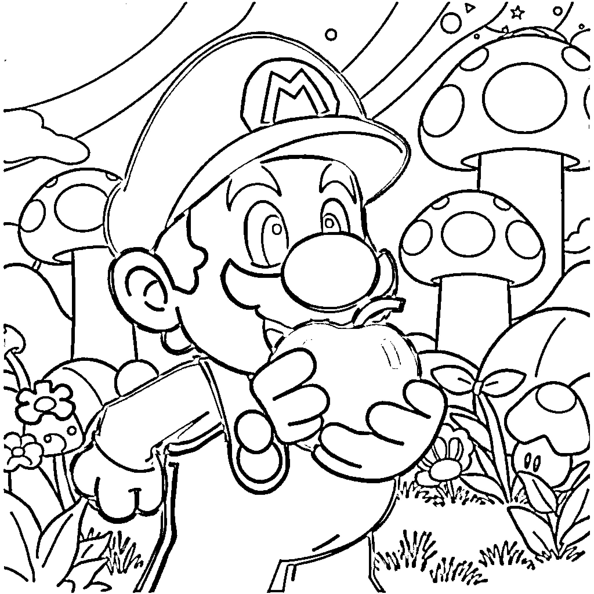 Super Mario Exploring Vibrant Mushroom Kingdom Landscape Coloring Page (free black-and-white line drawing printable PDF for all, from beginners to advanced learners, including children, teens, adults, and seniors)