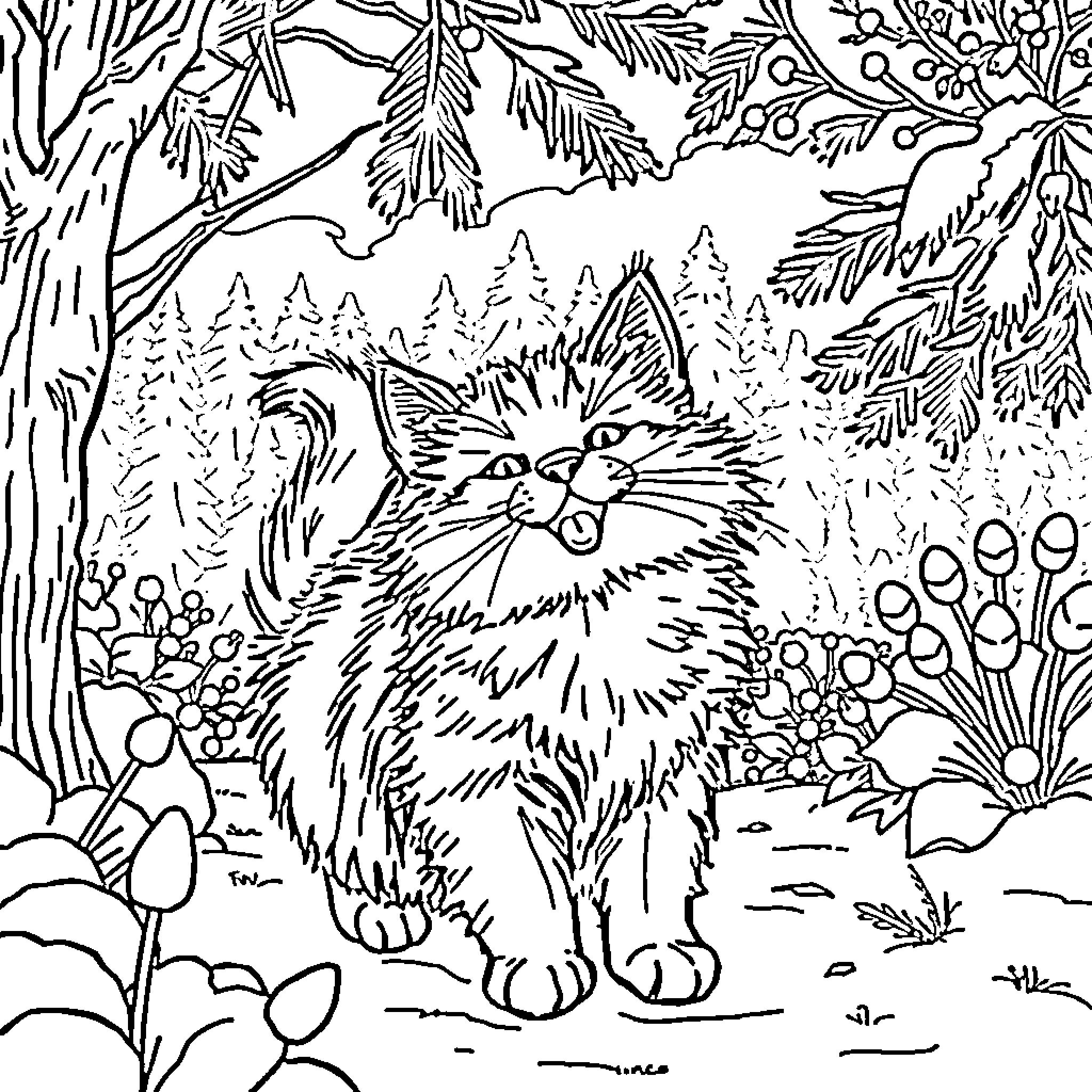 Cat exploring a lush forest landscape Coloring Page (free black-and-white line drawing printable PDF for all, from beginners to advanced learners, including children, teens, adults, and seniors)