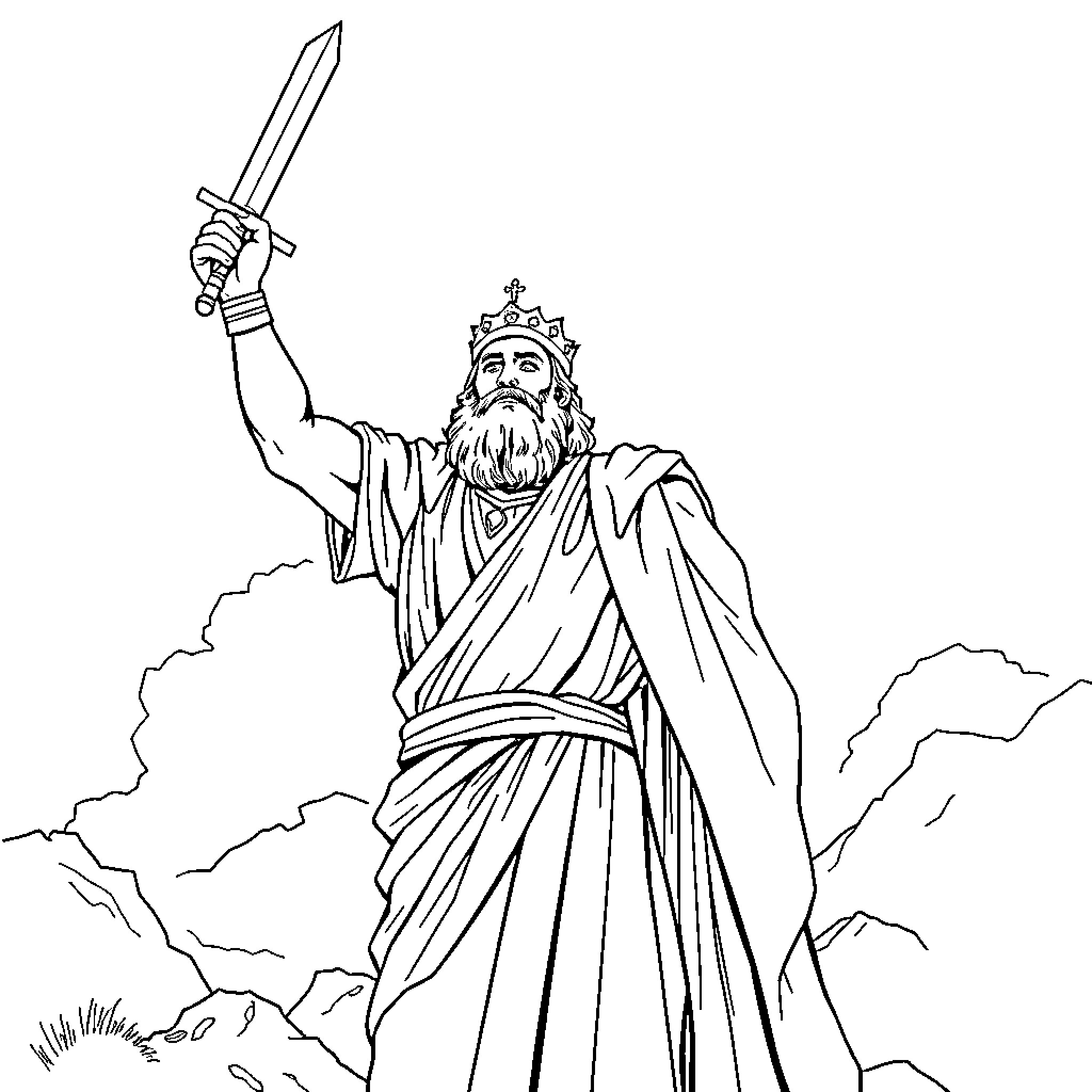 King Wielding Mighty Sword in Dramatic Pose Coloring Page (free black-and-white line drawing printable PDF for all, from beginners to advanced learners, including children, teens, adults, and seniors)