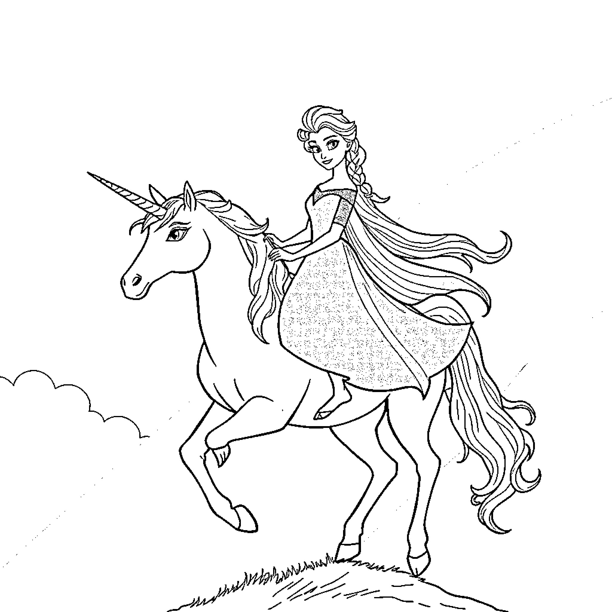 Elsa riding a majestic unicorn through the enchanted forest Coloring Page (free black-and-white line drawing printable PDF for all, from beginners to advanced learners, including children, teens, adults, and seniors)