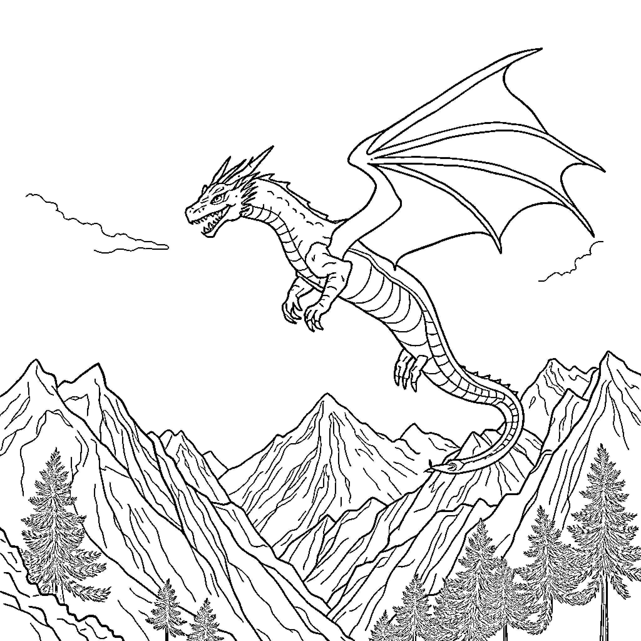 Dragon soaring over majestic mountain landscape Coloring Page (free black-and-white line drawing printable PDF for all, from beginners to advanced learners, including children, teens, adults, and seniors)