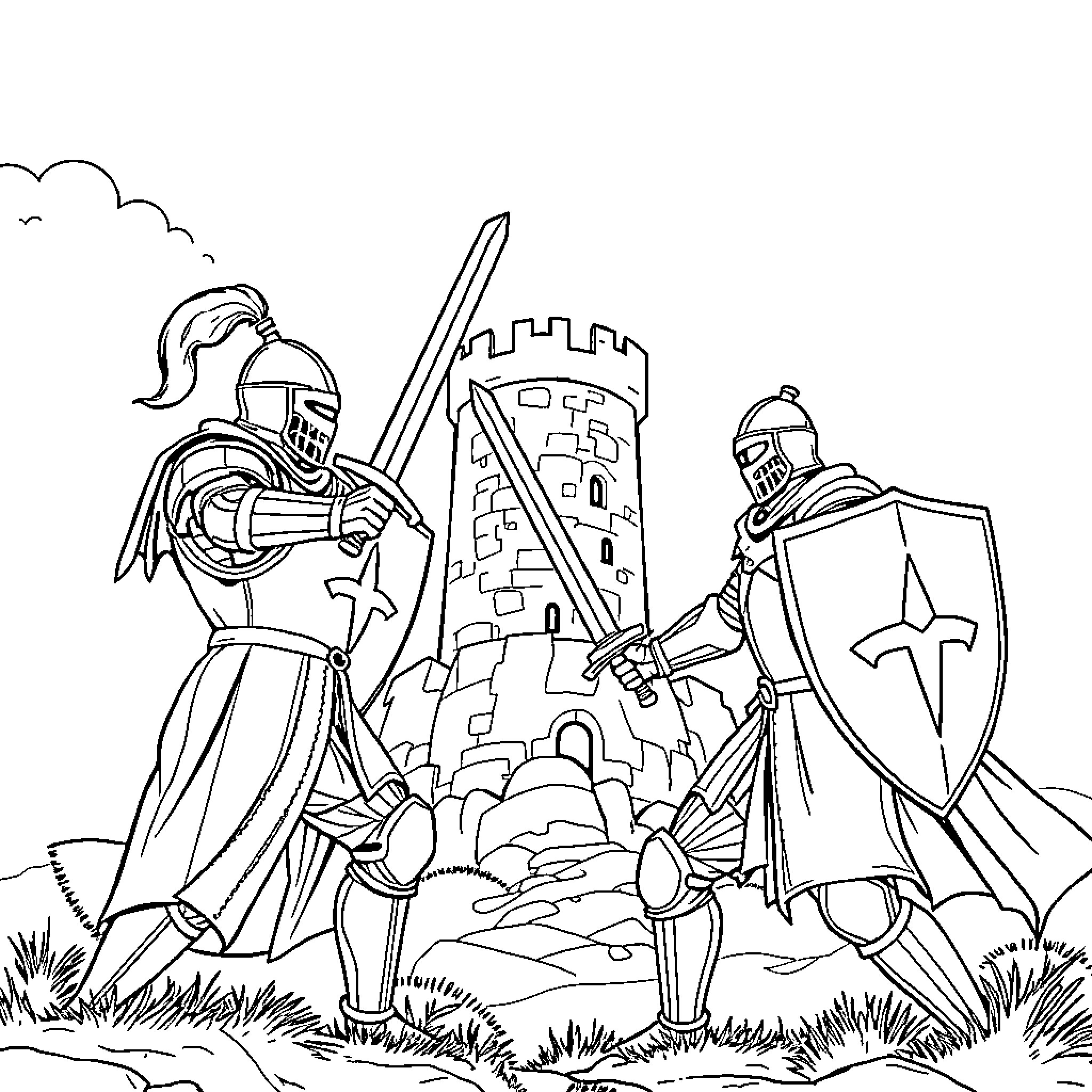 Knights Guarding the Castle Walls Coloring Page (free black-and-white line drawing printable PDF for all, from beginners to advanced learners, including children, teens, adults, and seniors)