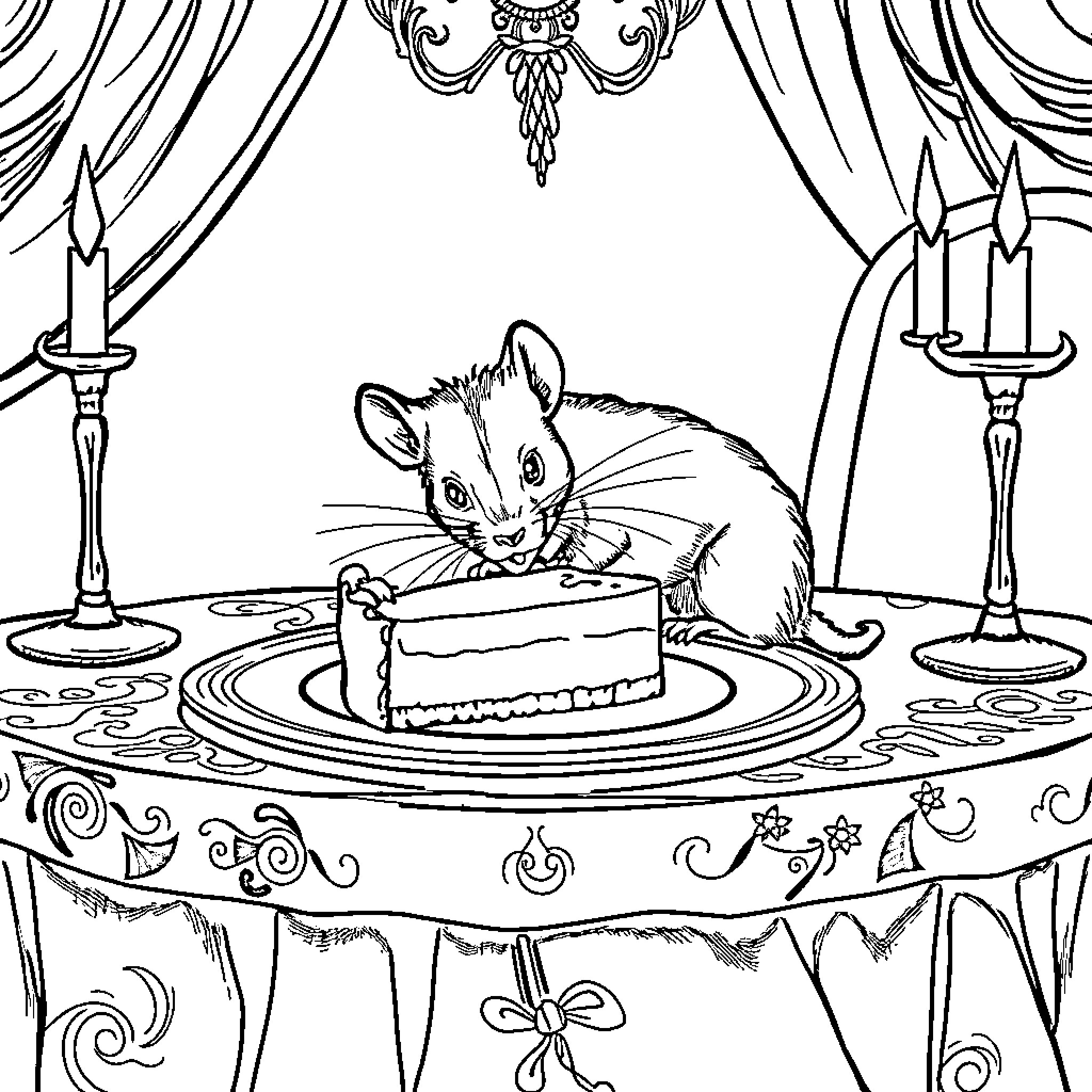 Rat enjoying a lavish cake in a grand hall Coloring Page (free black-and-white line drawing printable PDF for all, from beginners to advanced learners, including children, teens, adults, and seniors)