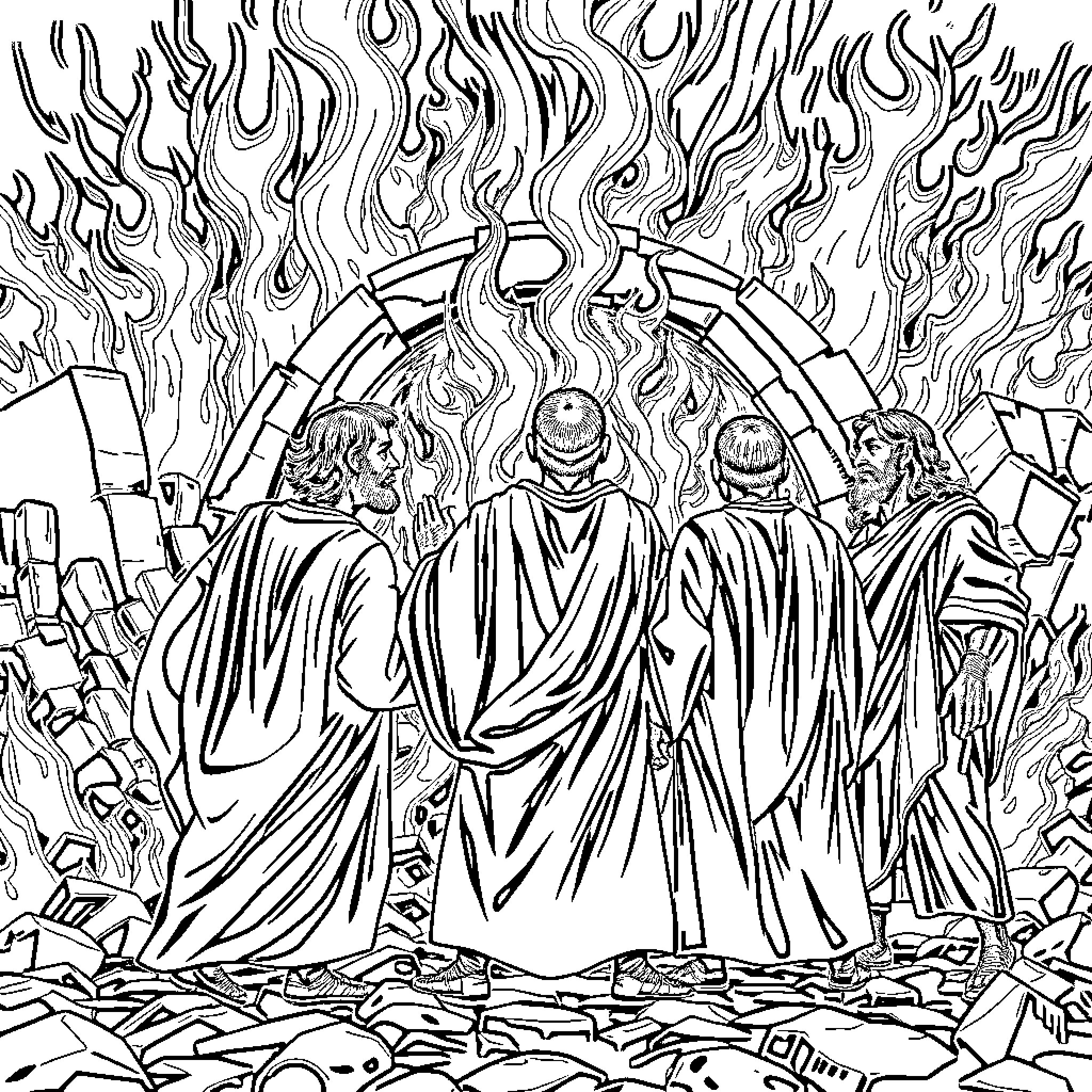 Man in dark robes surrounded by flames and destruction Coloring Page (free black-and-white line drawing printable PDF for all, from beginners to advanced learners, including children, teens, adults, and seniors)