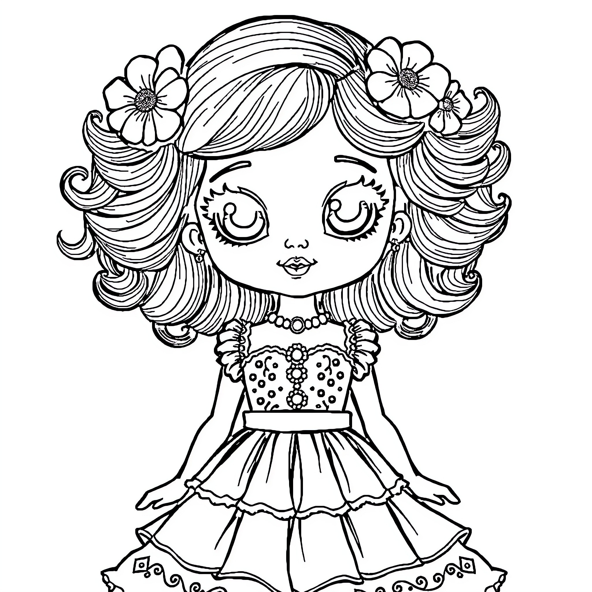 Doll with Floral Accessories and Ruffled Dress Coloring Page (free black-and-white line drawing printable PDF for all, from beginners to advanced learners, including children, teens, adults, and seniors)