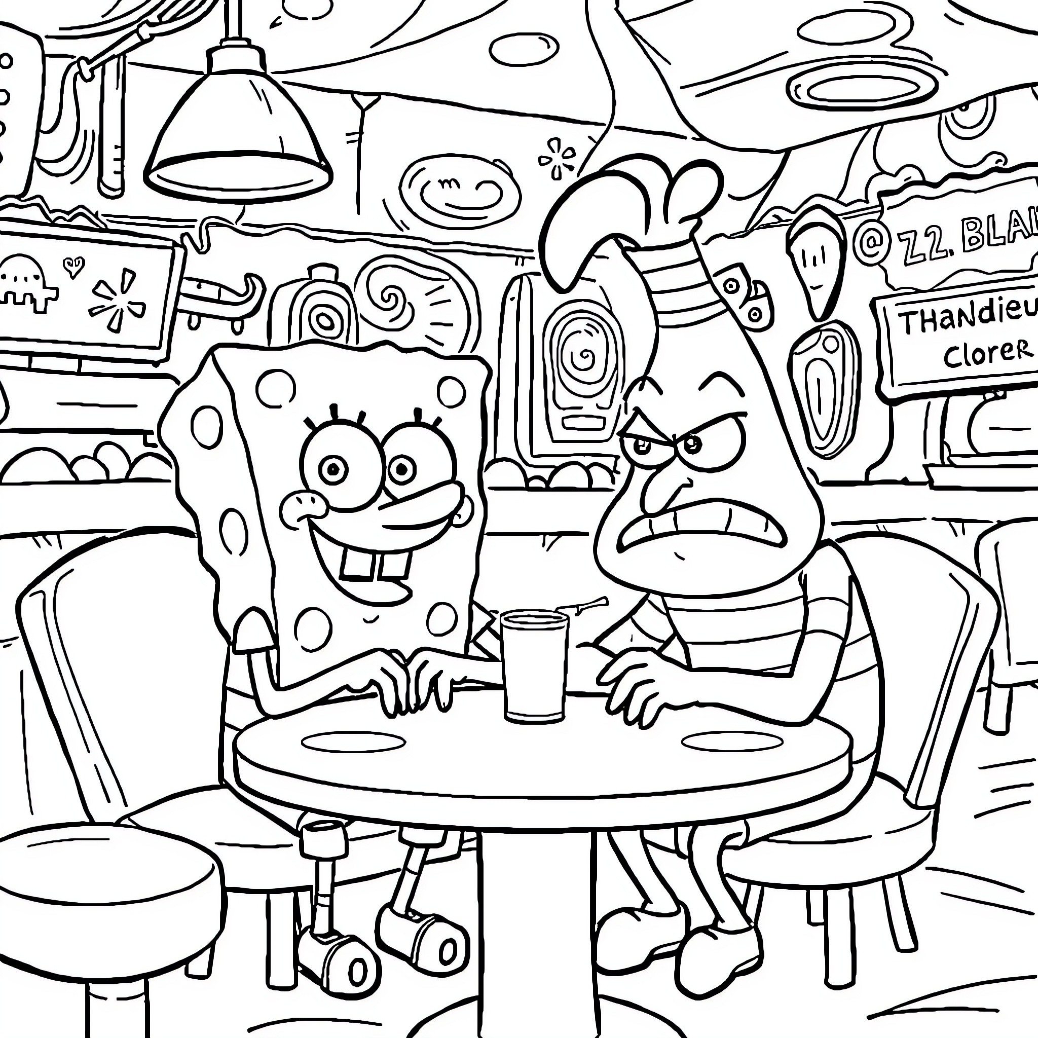 Spongebob and Patrick in a Colorful Diner Scene Coloring Page (free black-and-white line drawing printable PDF for all, from beginners to advanced learners, including children, teens, adults, and seniors)