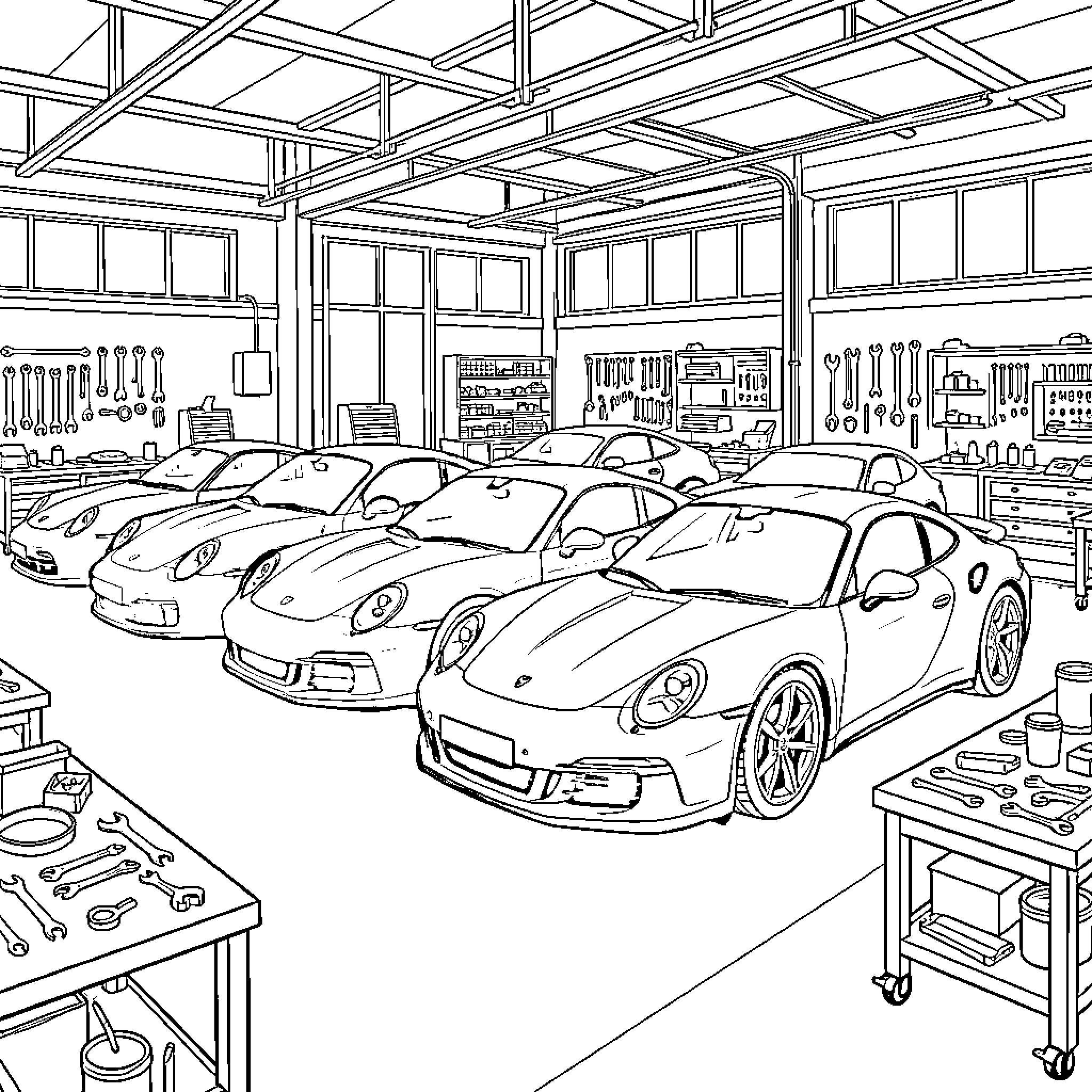 Porsche sports cars in a well-equipped garage Coloring Page (free black-and-white line drawing printable PDF for all, from beginners to advanced learners, including children, teens, adults, and seniors)