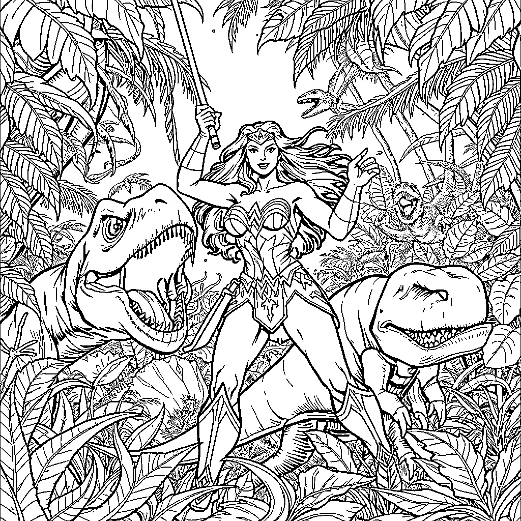 Wonder Woman's Jungle Adventure with Dinosaurs Coloring Page (free black-and-white line drawing printable PDF for all, from beginners to advanced learners, including children, teens, adults, and seniors)