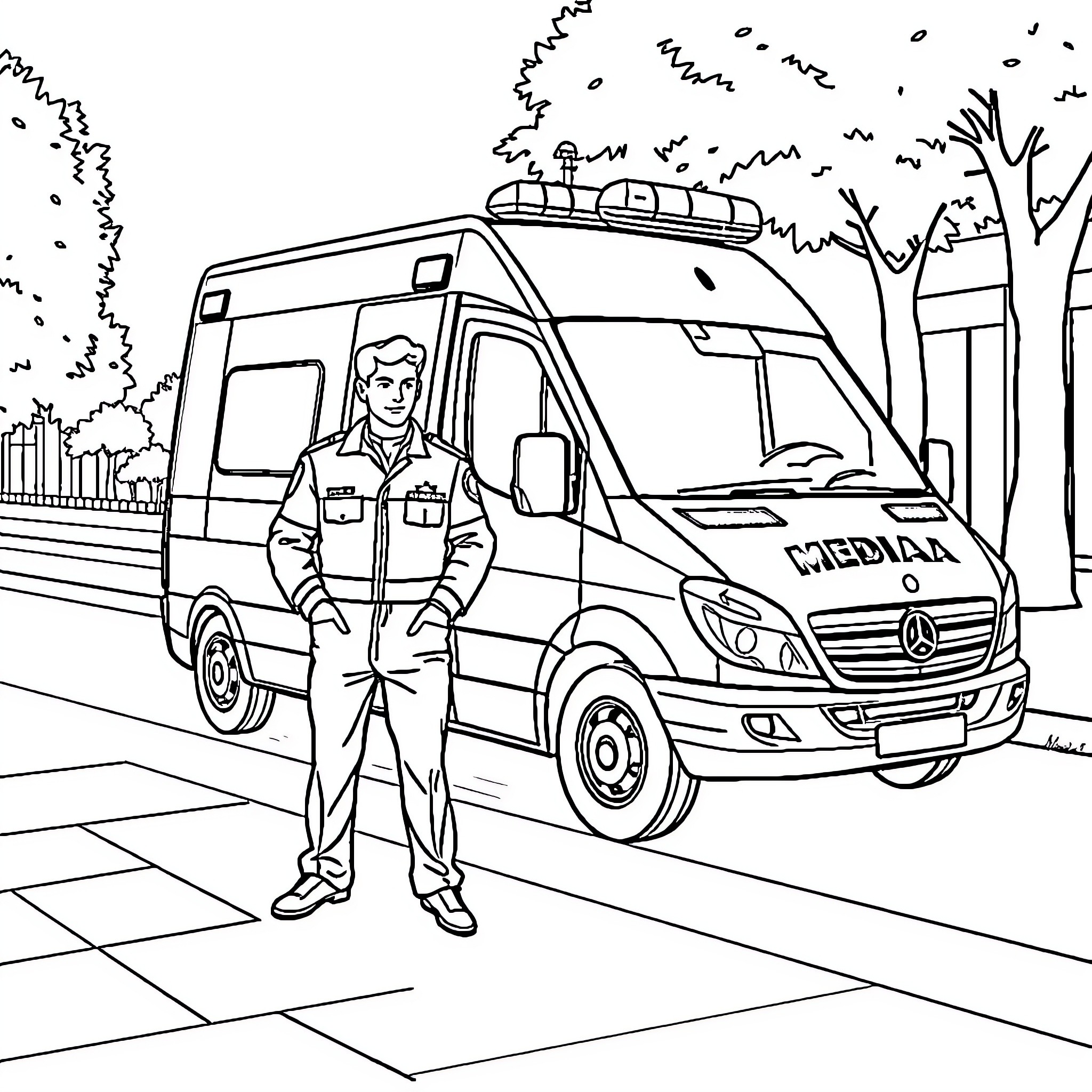 Ambulance crew member assisting near emergency vehicle Coloring Page (free black-and-white line drawing printable PDF for all, from beginners to advanced learners, including children, teens, adults, and seniors)