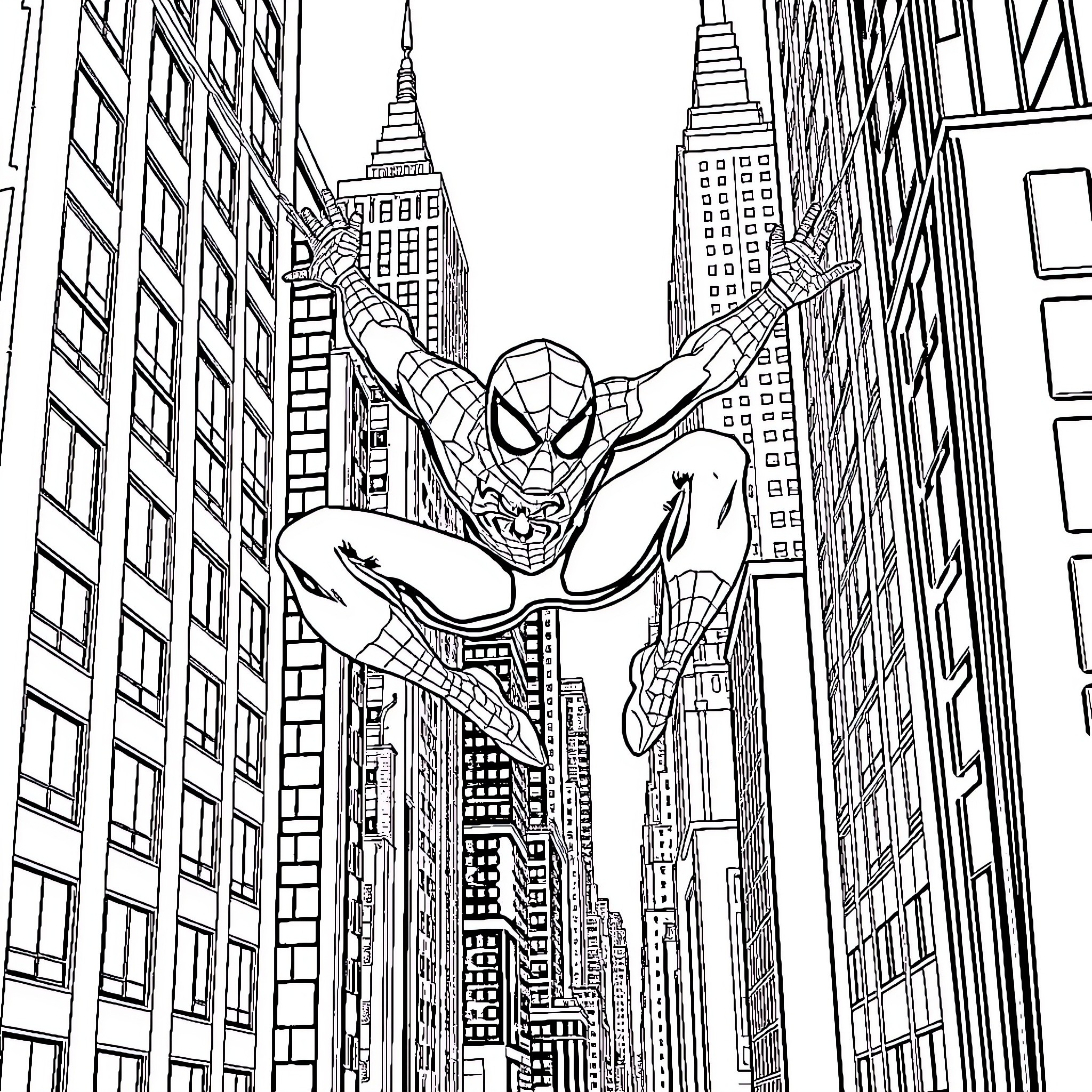 Spiderman swinging through the city skyscrapers Coloring Page (free black-and-white line drawing printable PDF for all, from beginners to advanced learners, including children, teens, adults, and seniors)