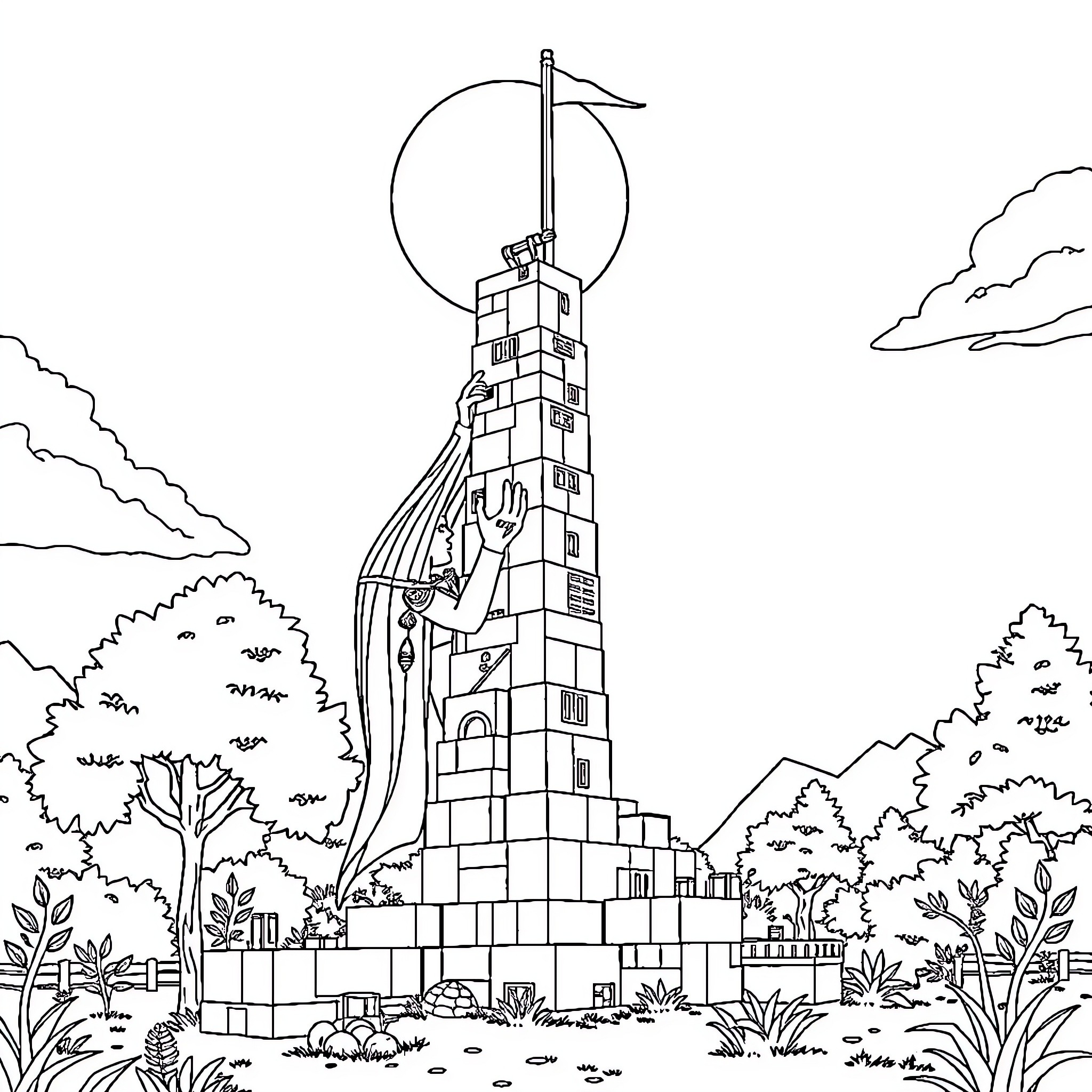 Legolas scaling the fortress tower in the landscape Coloring Page (free black-and-white line drawing printable PDF for all, from beginners to advanced learners, including children, teens, adults, and seniors)