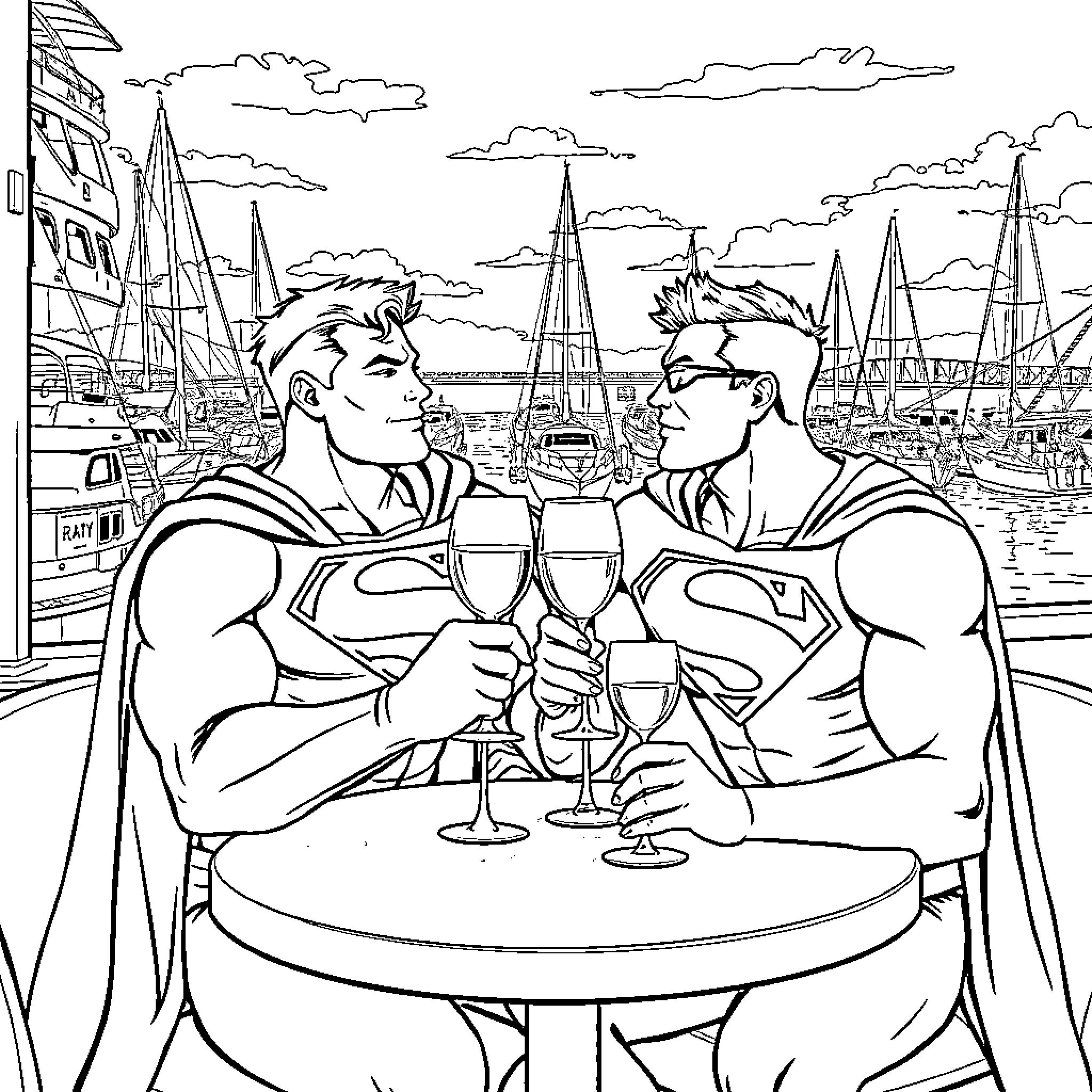Superman celebrates with friends in scenic harbor Coloring Page (free black-and-white line drawing printable PDF for all, from beginners to advanced learners, including children, teens, adults, and seniors)