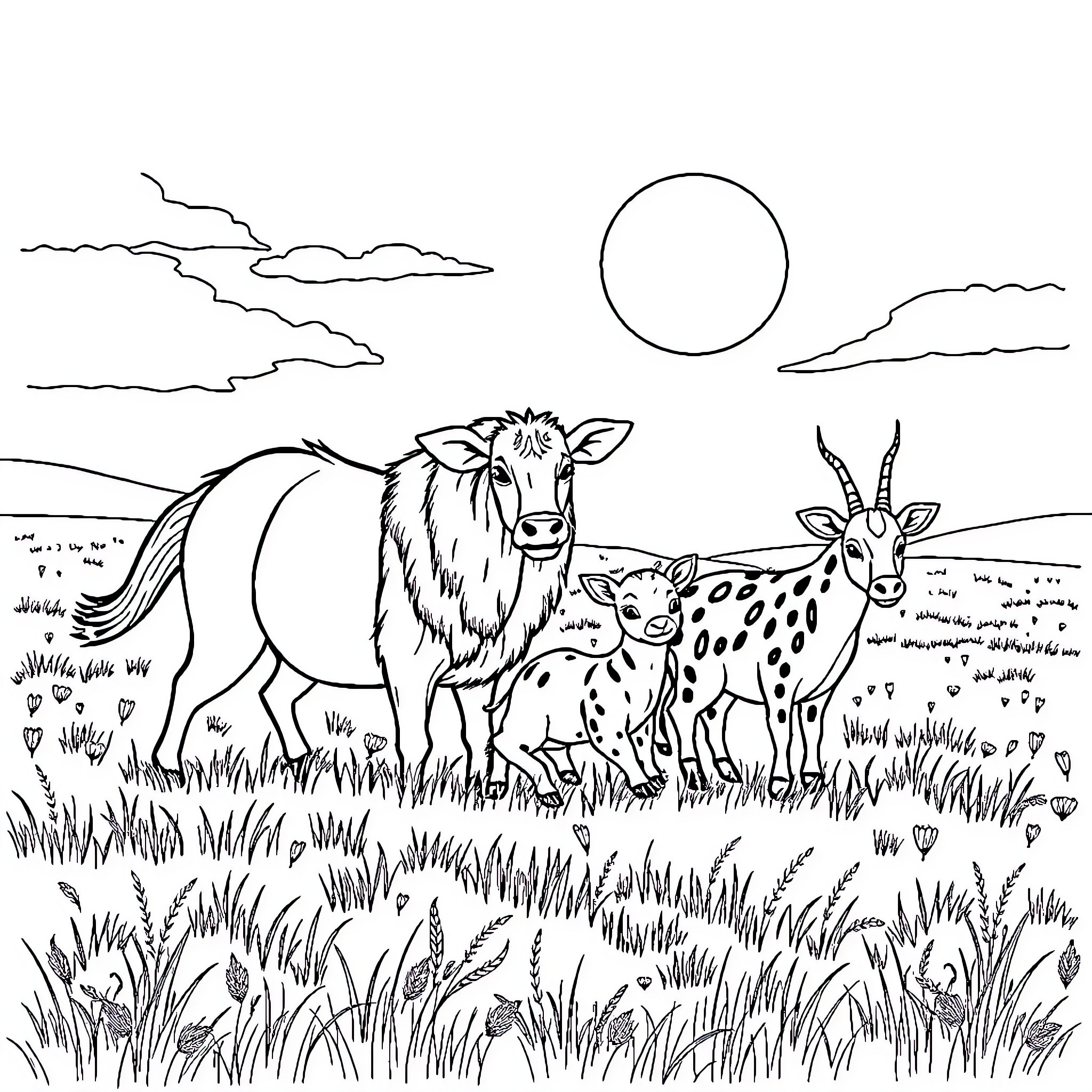 Animal farm scene with horse and goat Coloring Page (free black-and-white line drawing printable PDF for all, from beginners to advanced learners, including children, teens, adults, and seniors)