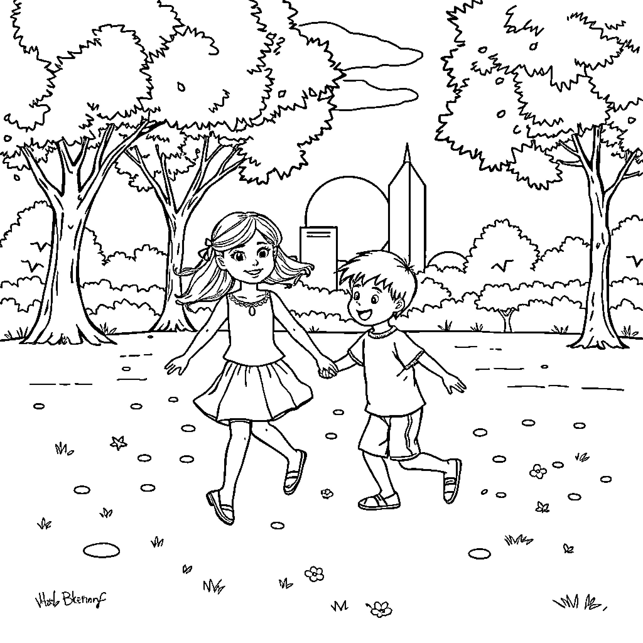 Girl and Boy Playing Together in the Park Coloring Page (free black-and-white line drawing printable PDF for all, from beginners to advanced learners, including children, teens, adults, and seniors)