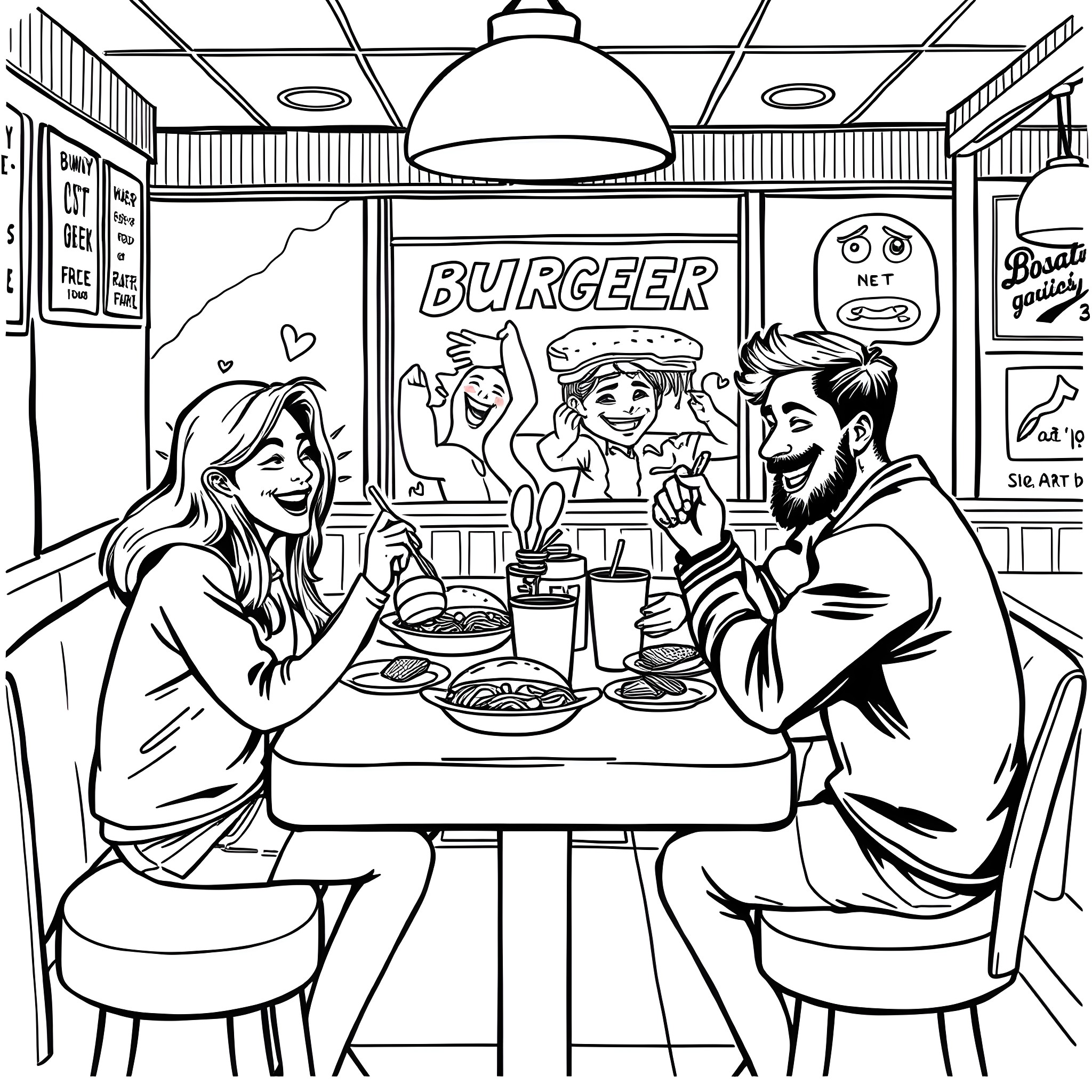 Family Dining and Enjoying Burgers at Casual Diner Coloring Page (free black-and-white line drawing printable PDF for all, from beginners to advanced learners, including children, teens, adults, and seniors)