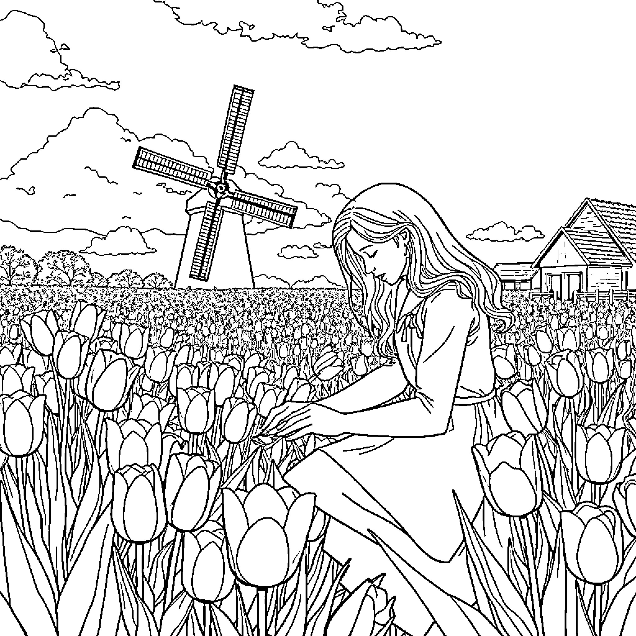 Axl Rose at a serene tulip field with a windmill Coloring Page (free black-and-white line drawing printable PDF for all, from beginners to advanced learners, including children, teens, adults, and seniors)