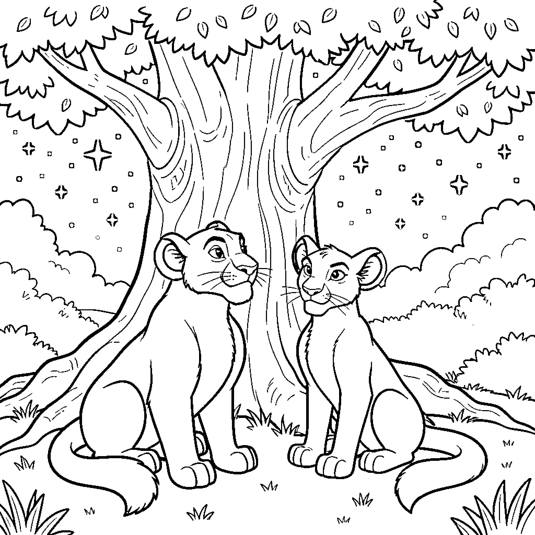 Simba and Nala playing in the starry night Coloring Page (free black-and-white line drawing printable PDF for all, from beginners to advanced learners, including children, teens, adults, and seniors)
